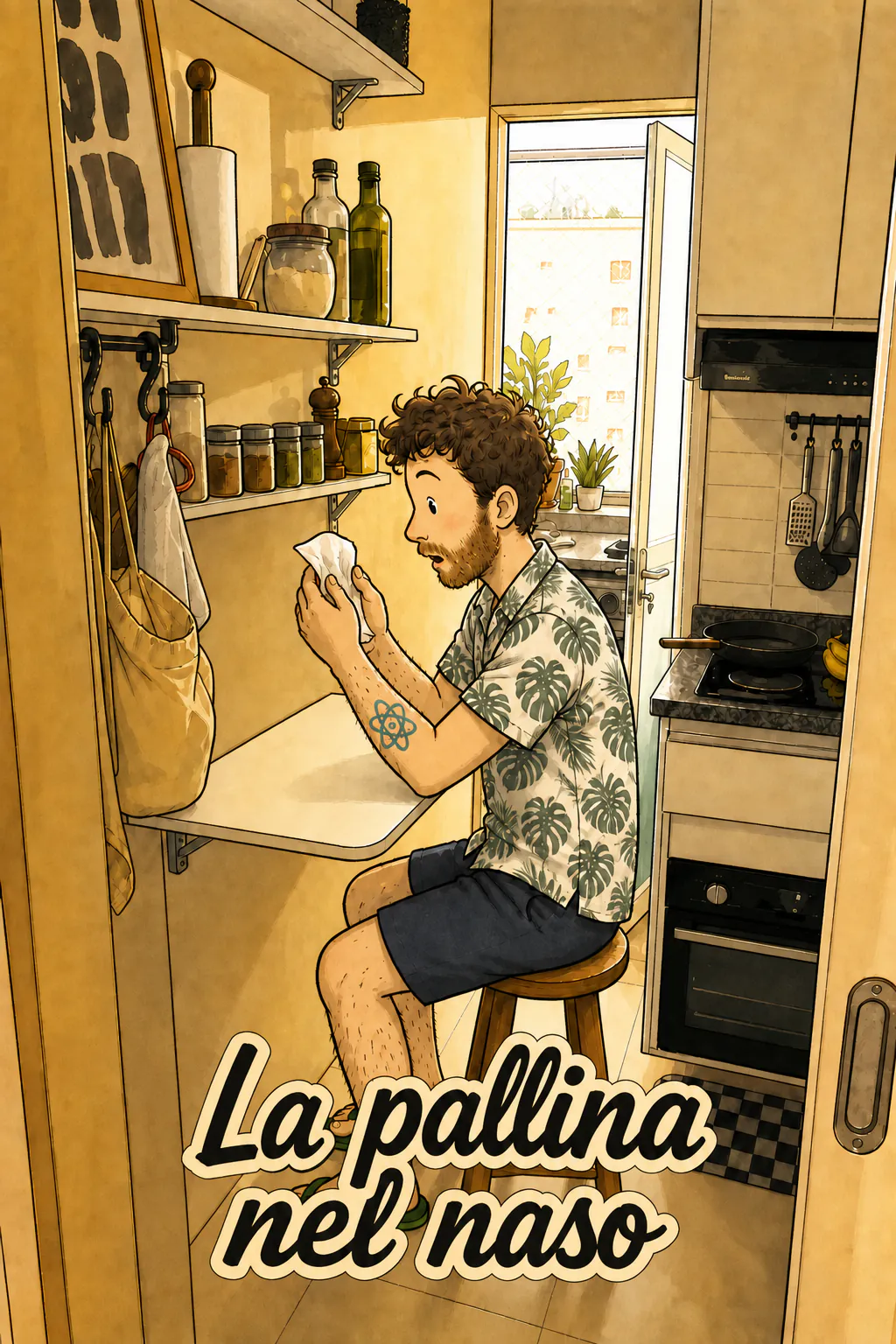 David è seduto di profilo su uno sgabello davanti a un piccolo tavolo fissato al muro, tiene un fazzoletto bianco con entrambe le mani e guarda il suo contenuto con sorpresa. Il titolo « La boule dans le nez » appare in basso.