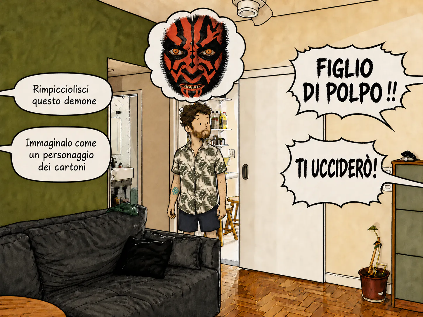 In cucina, delle nuvolette di dialogo si rispondono sopra il personaggio.
