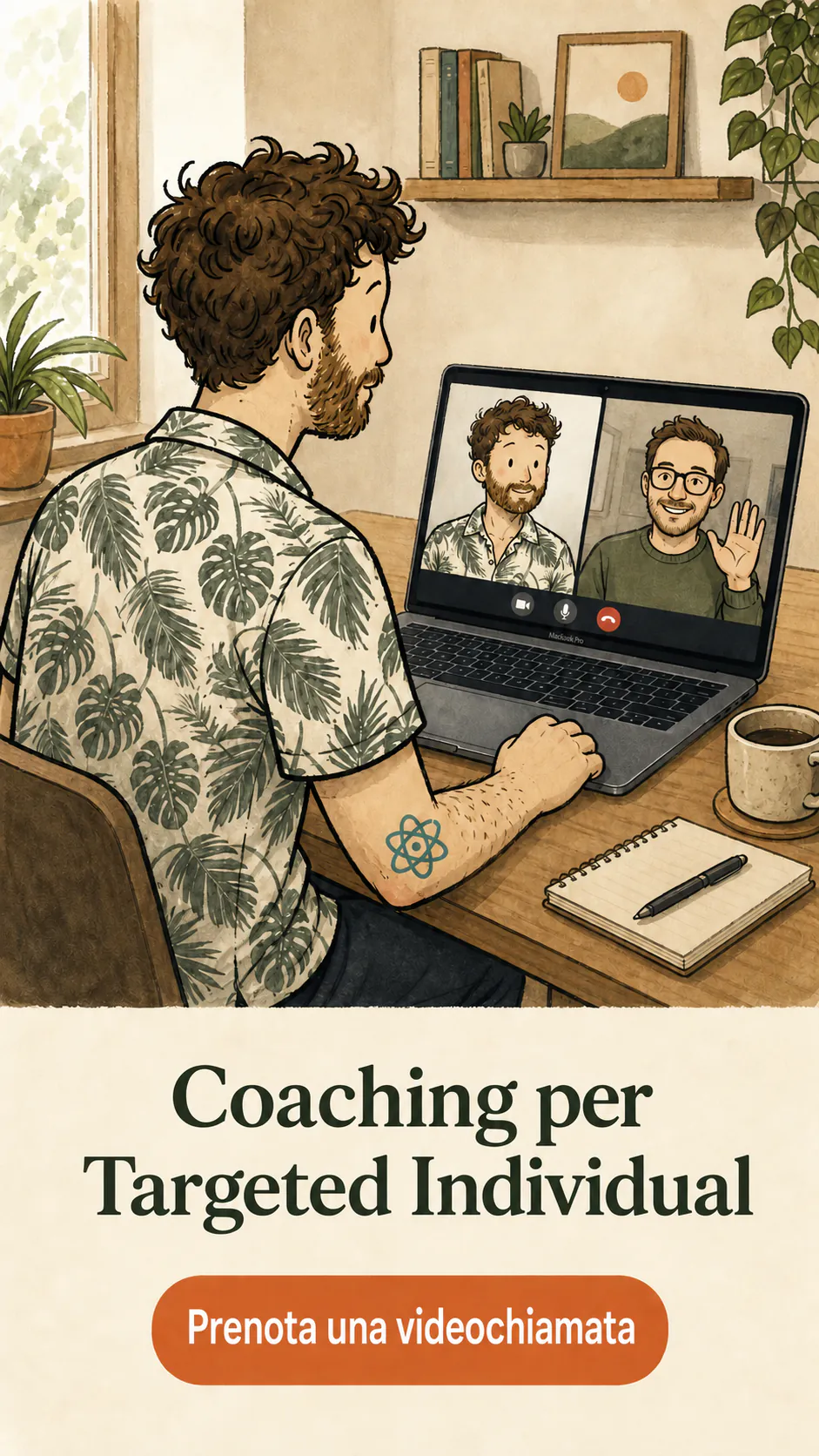 Scheda coaching: David è seduto di spalle davanti a un portatile durante una videochiamata, con due volti visibili sullo schermo. In basso, il testo dice «Coaching per Targeted Individual» e «Prenota una videochiamata» in un pulsante di invito all'azione.