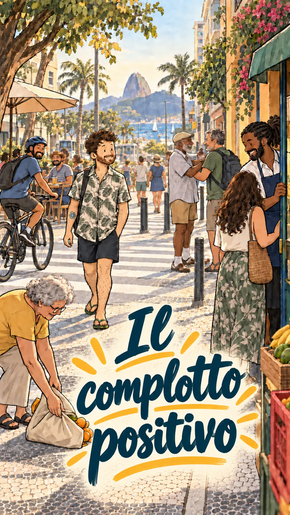 David cammina da solo in una strada soleggiata dove i passanti sorridono e si aiutano a vicenda, sotto il titolo «Il complotto positivo»