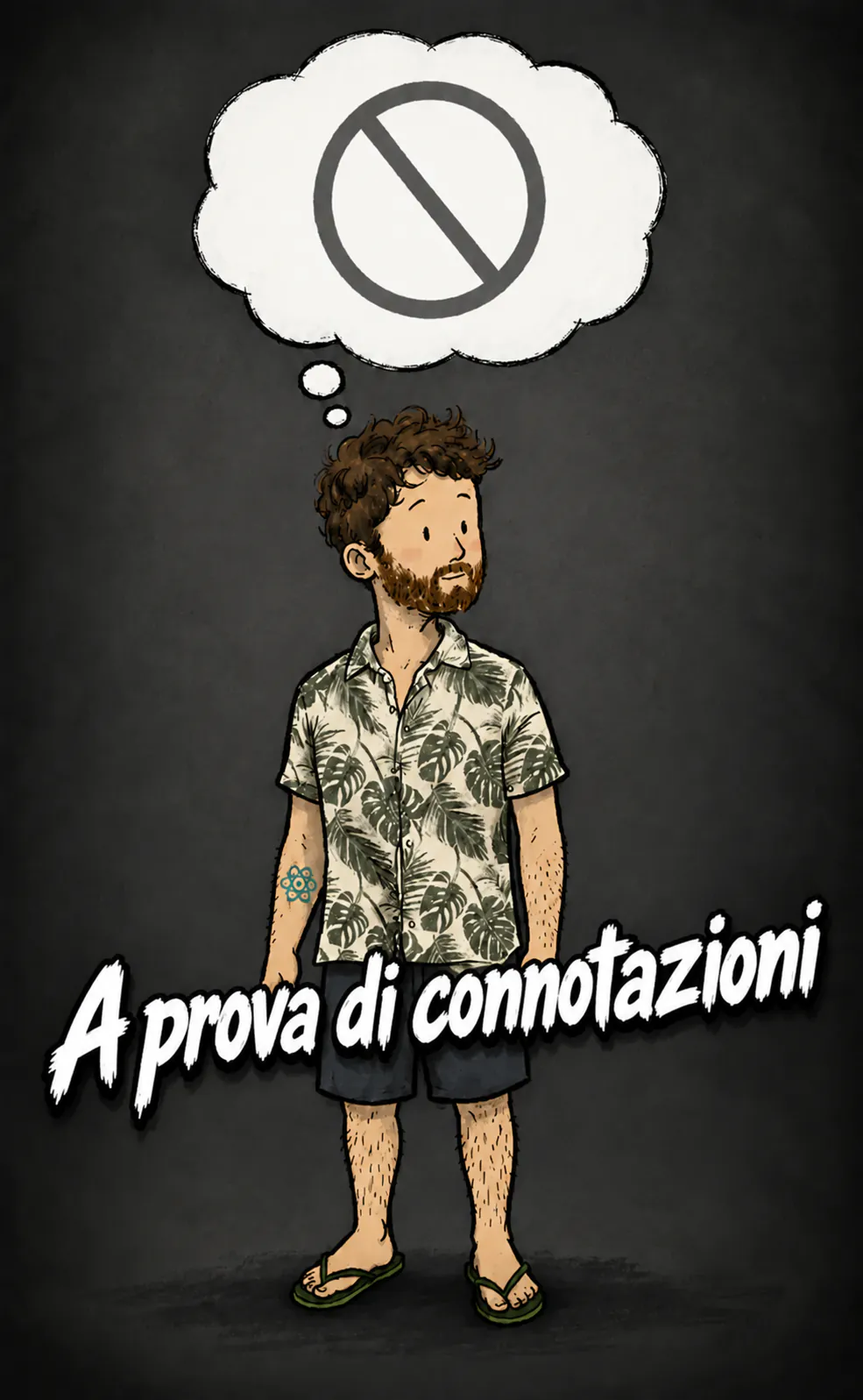 Su sfondo grigio scuro, il personaggio in piedi, aria neutra, sotto una nuvoletta di pensiero che contiene solo un segnale di divieto, un cerchio barrato, vuoto. In basso, il titolo « A prova di connotazione »