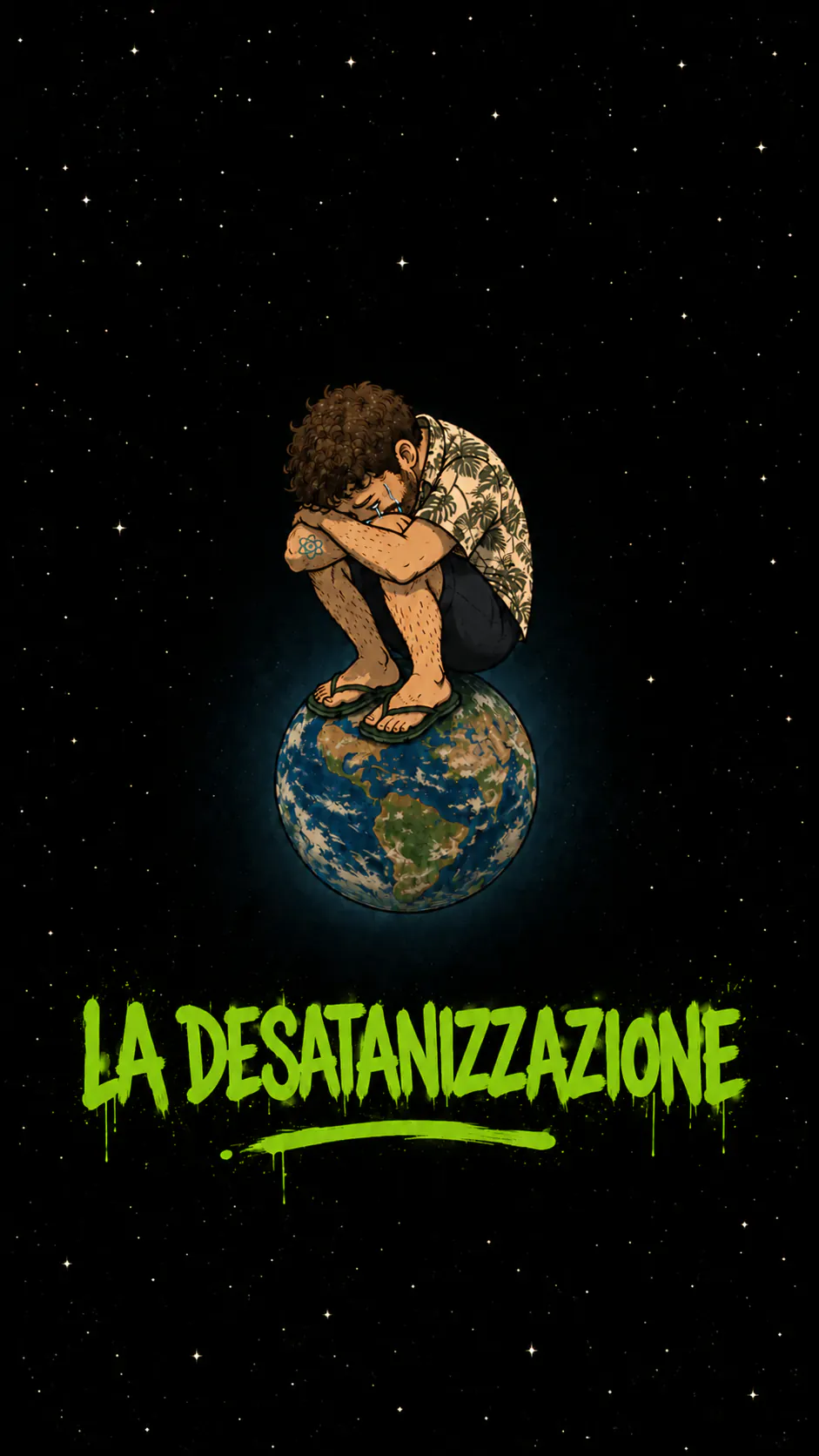 Rannicchiato in posizione fetale e in lacrime, il personaggio è seduto in cima alla Terra, nello spazio stellato. In basso, dipinto con la bomboletta verde, « LA DESATANIZZAZIONE »