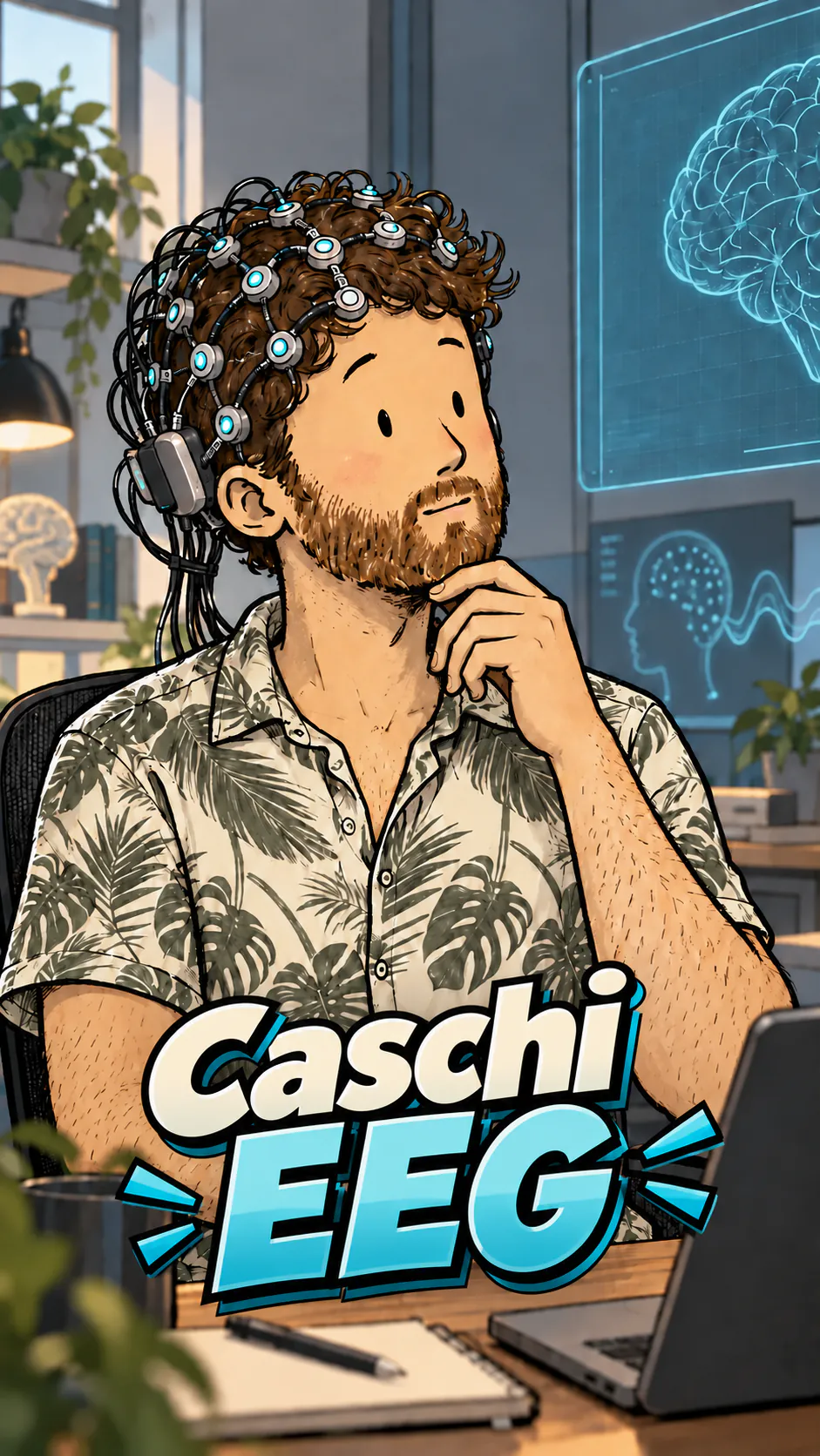 David è seduto in un laboratorio futuristico con un casco EEG coperto di elettrodi e cavi; il titolo « I caschi EEG » appare in basso