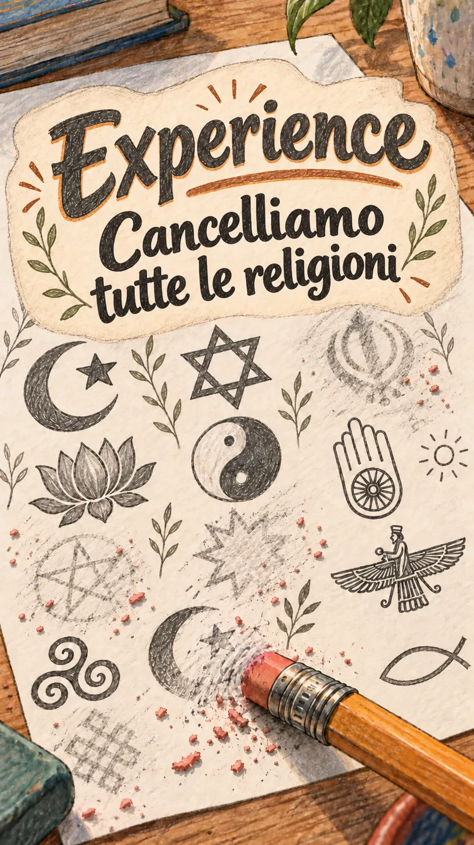 Un foglio coperto di simboli religiosi disegnati a grafite, di cui diversi vengono cancellati dalla gomma di una matita, sotto il titolo « Esperimento, cancelliamo tutte le religioni »