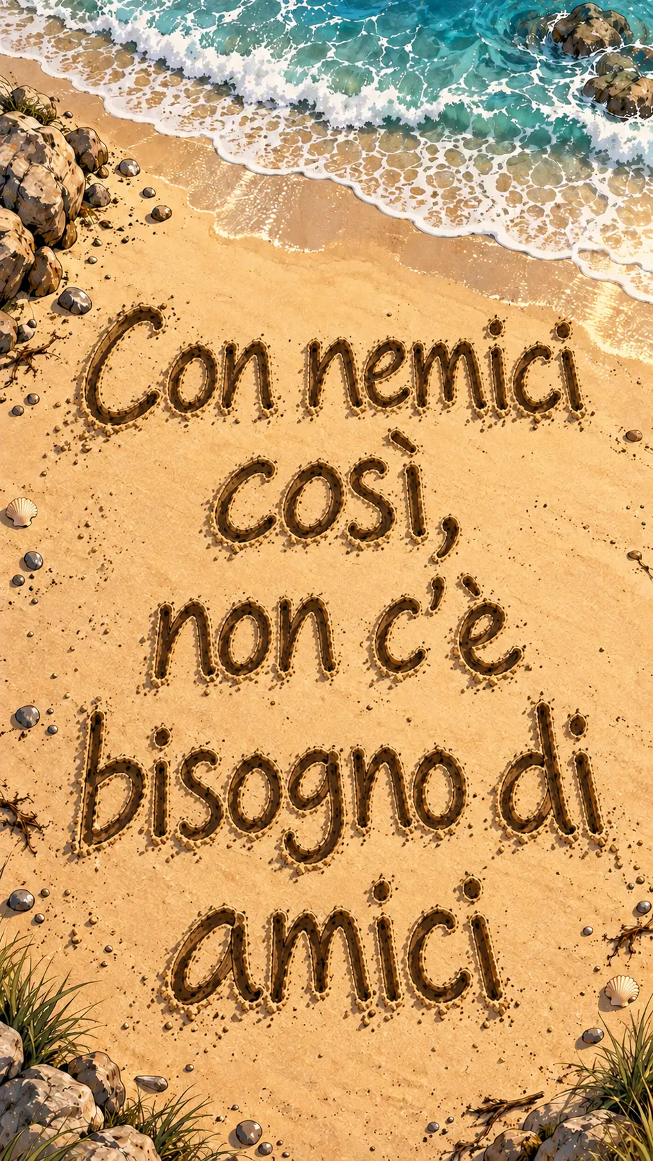Una vista dall'alto di una spiaggia dove il messaggio «Con nemici così, non c'è bisogno di amici» è scritto sulla sabbia