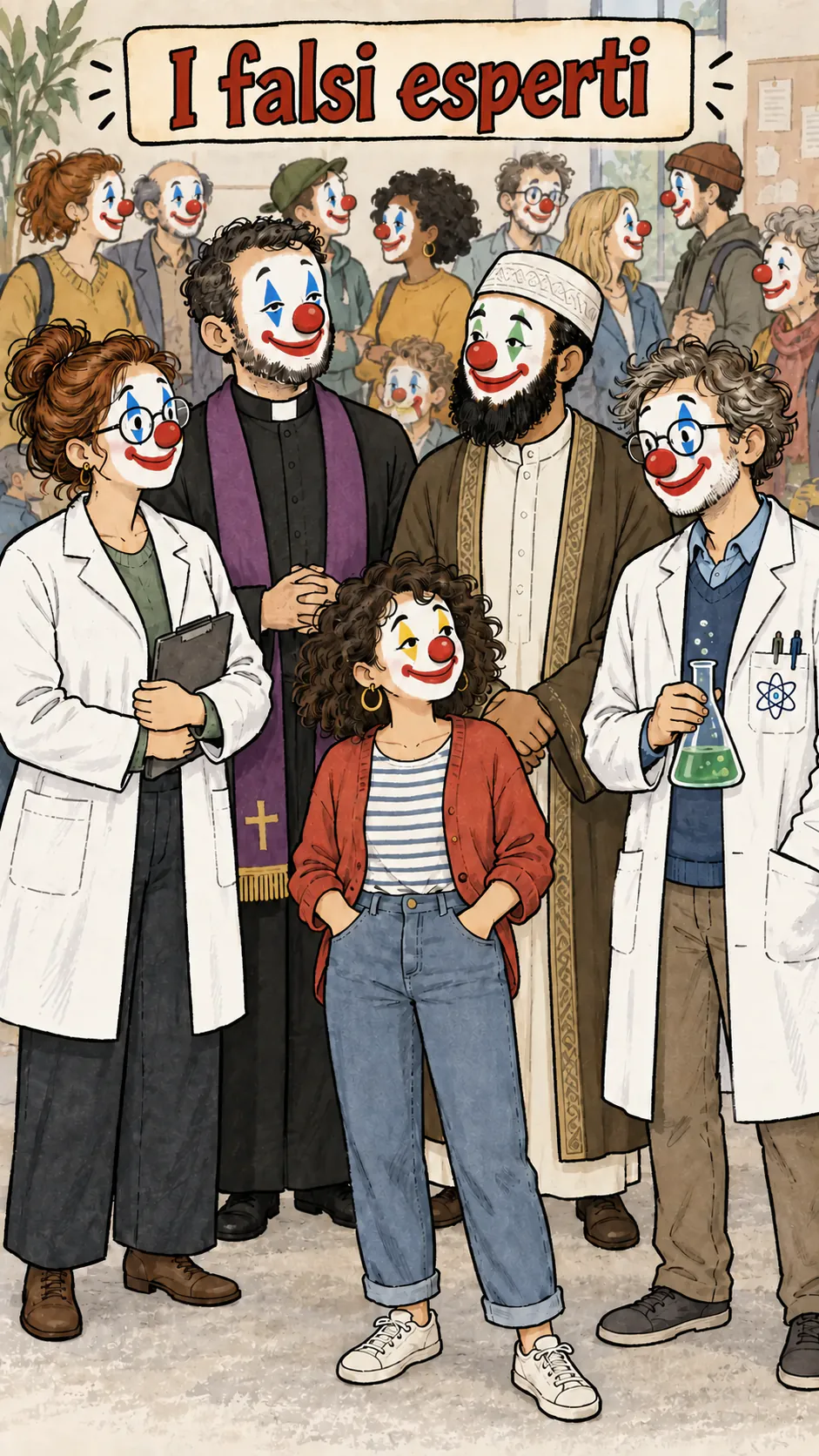 Uno psichiatra, un prete, un imam, uno scienziato e alcune persone del pubblico portano tutti un trucco da clown, sotto il titolo « I falsi esperti »