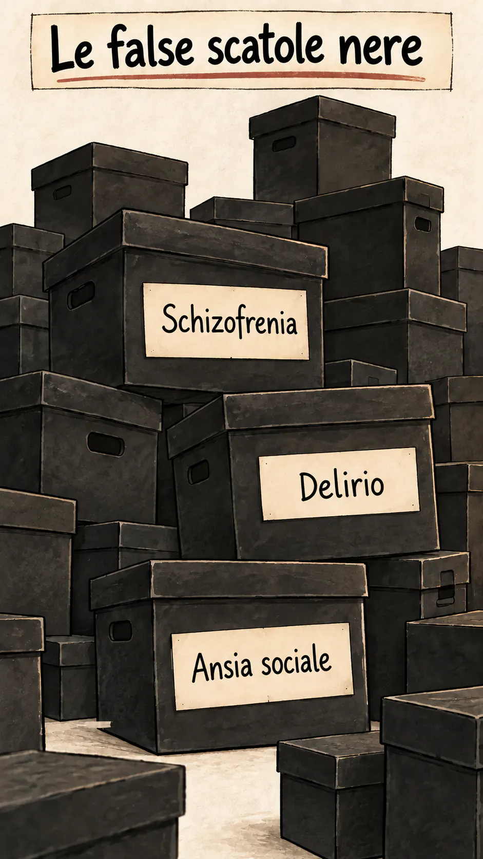 Un accumulo di scatole nere, di cui tre portano le etichette « Schizofrenia », « Delirio » e « Ansia sociale », sotto il titolo « Le false scatole nere »