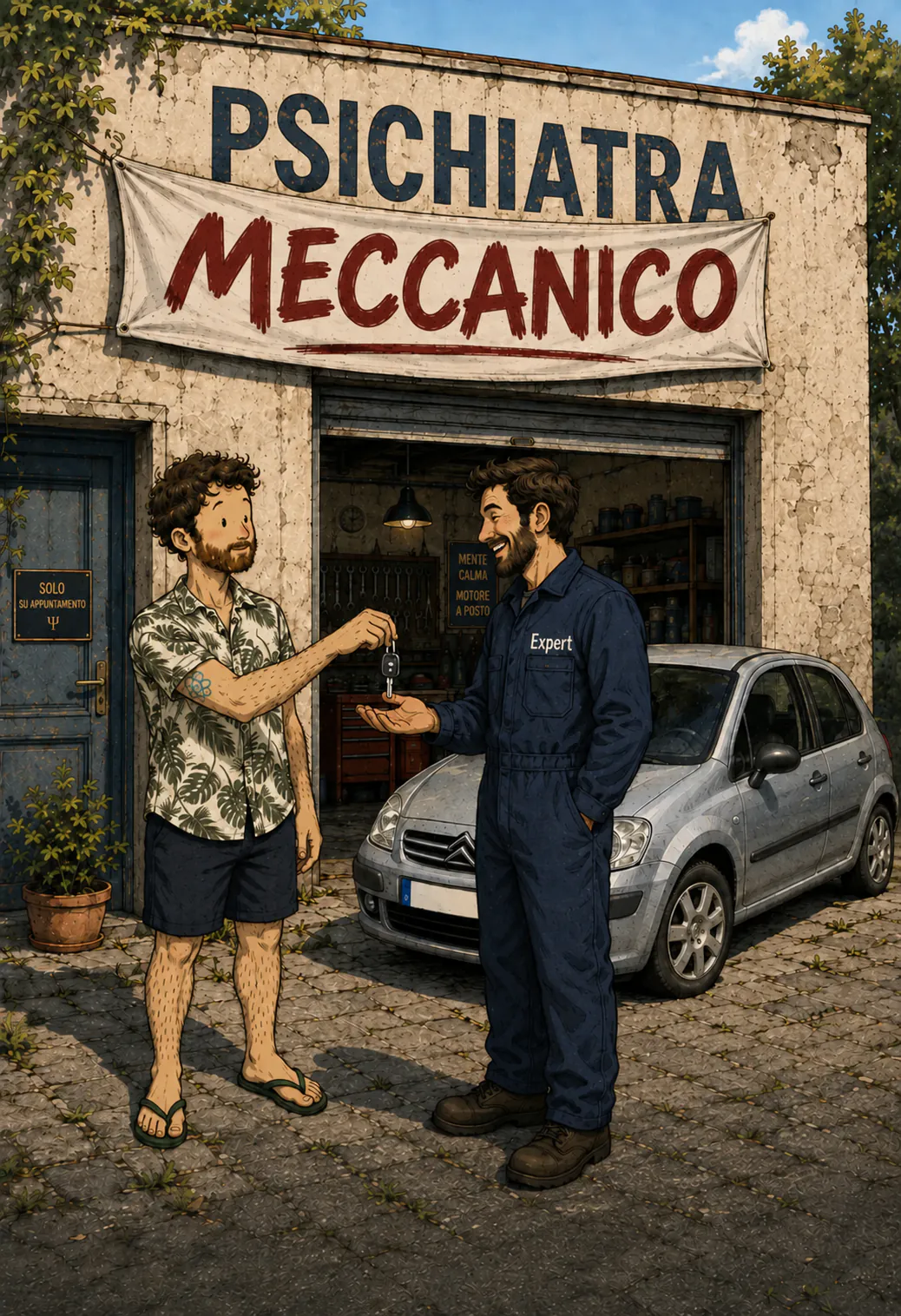 Sul muro di un garage, l'insegna dipinta « PSICHIATRA » è coperta da uno striscione rosso « GARAGISTA », che il garagista in tuta sta finendo di tendere dalla sua scaletta; il cliente lo guarda fare, accanto a una macchina. In basso, il titolo dipinto « L'analogie du garagiste »