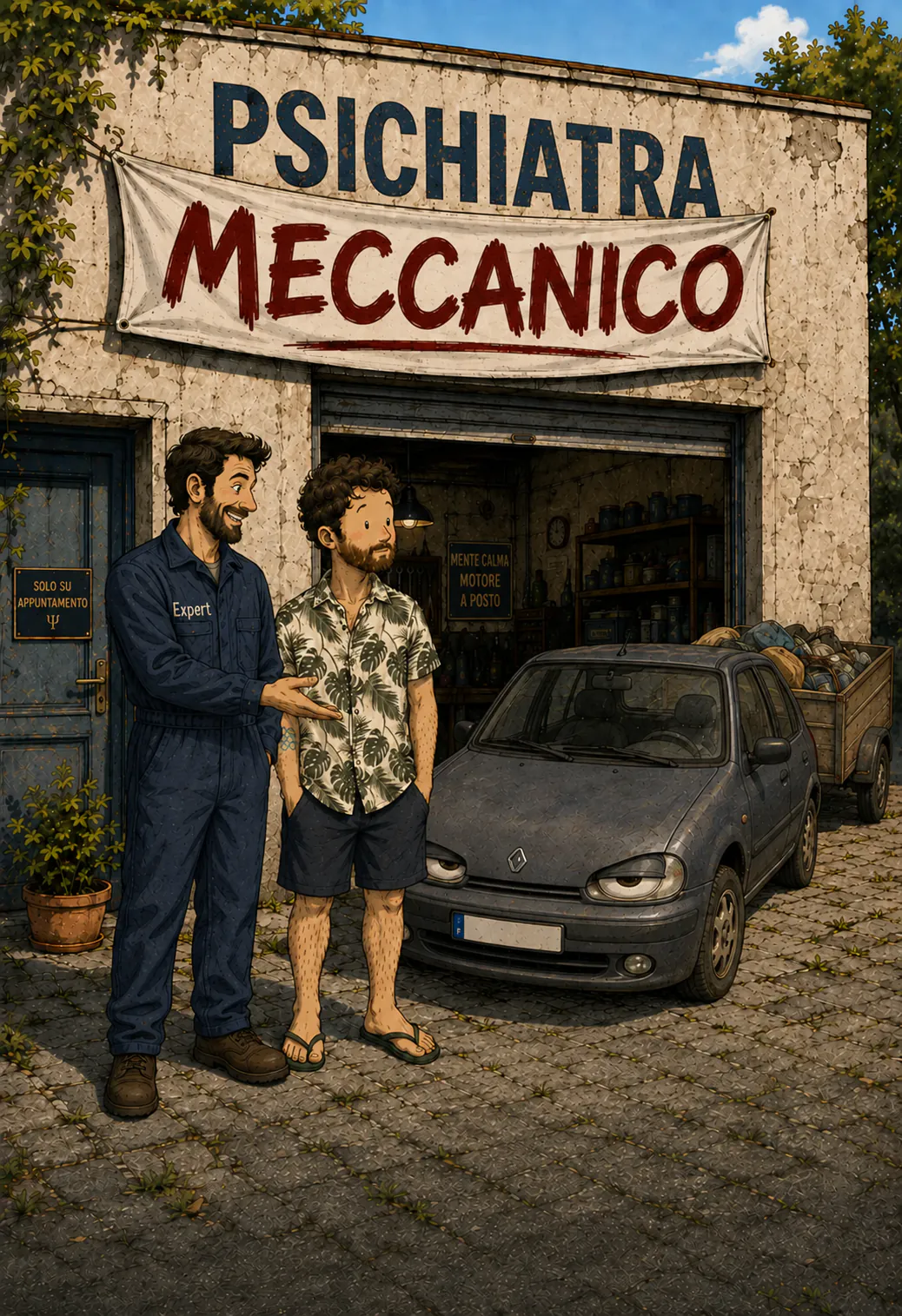Sul muro di un garage, l'insegna dipinta « PSICHIATRA » è coperta da uno striscione rosso « GARAGISTA », che il garagista in tuta sta finendo di tendere dalla sua scaletta; il cliente lo guarda fare, accanto a una macchina. In basso, il titolo dipinto « L'analogie du garagiste »