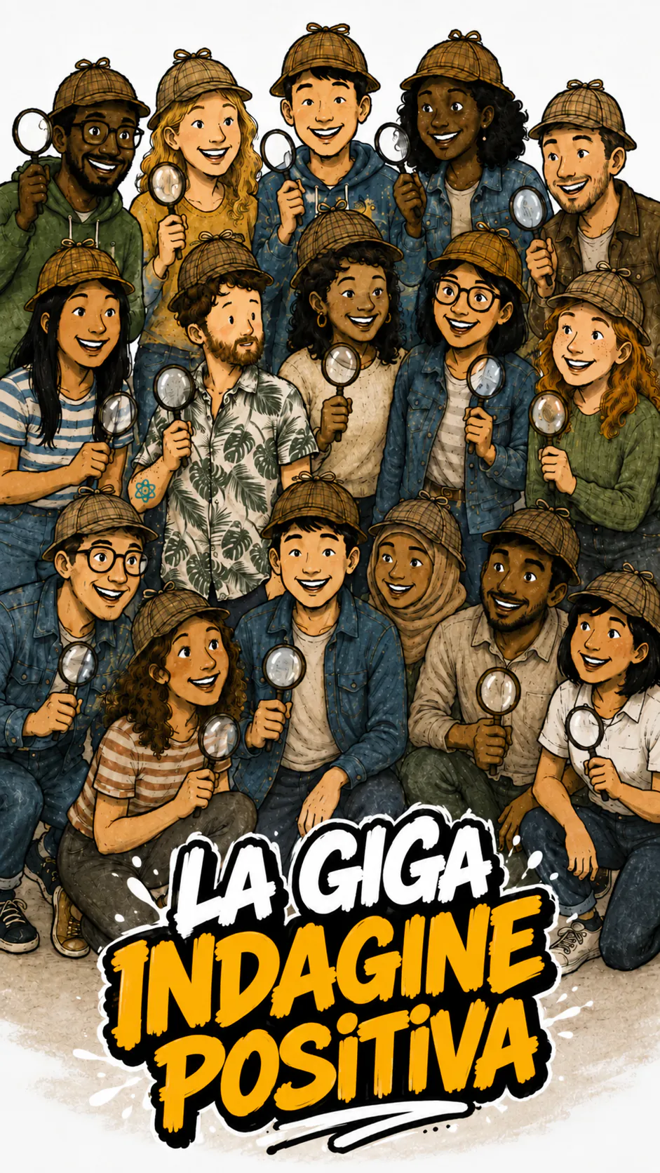 Una foto di gruppo disegnata: una ventina di persone sorridenti, di tutte le età e di ogni origine, strette su tre file, ognuna con un cappello da detective a quadretti e una lente d'ingrandimento in mano. In basso, il titolo dipinto « La giga indagine positiva »