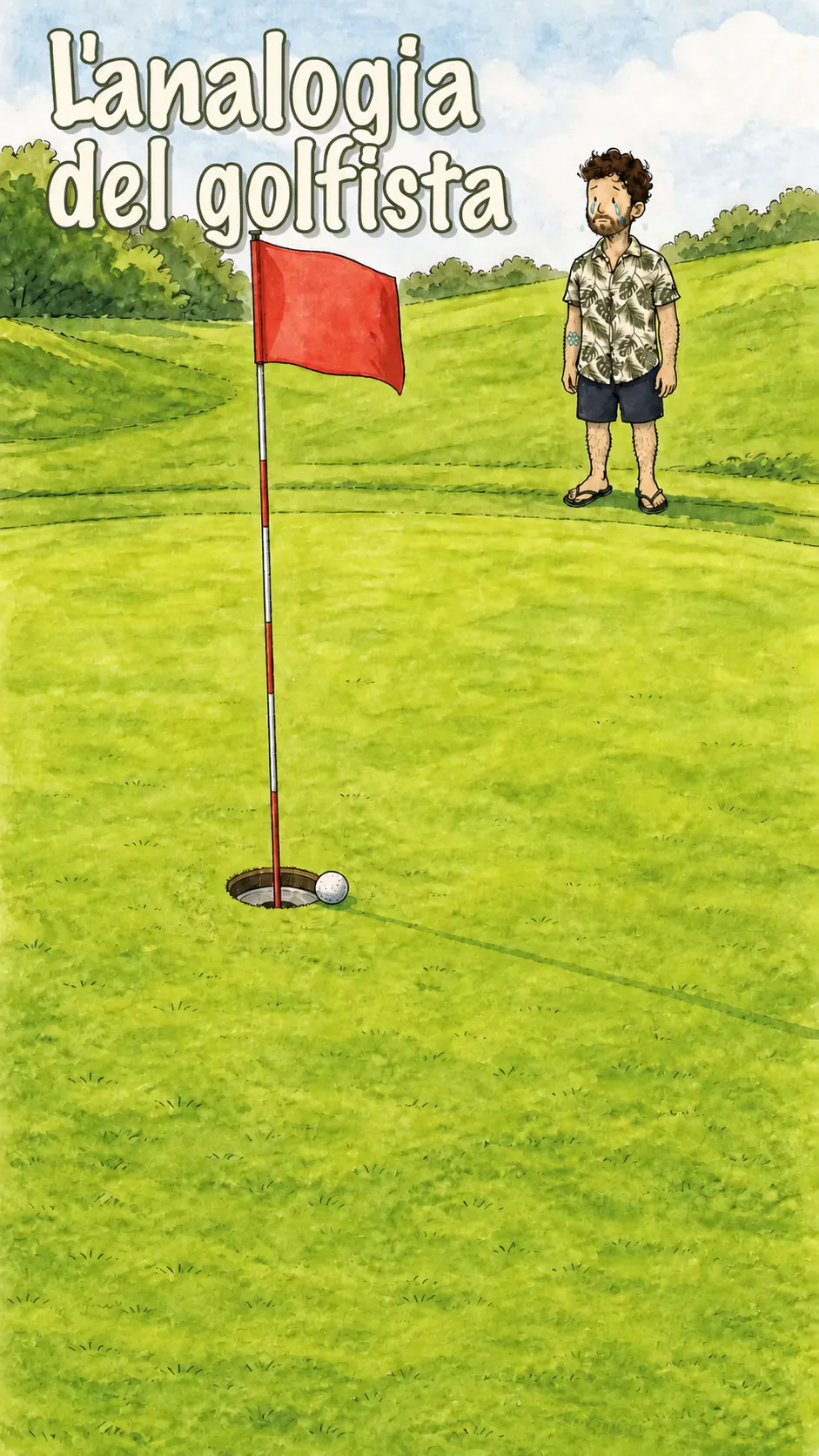 Su un green, una bandierina rossa piantata nella buca e una pallina bianca ferma sul bordo. Il personaggio è in piedi a destra, con una lacrima sulla guancia. In alto a sinistra, il titolo « L'analogia del golfista »