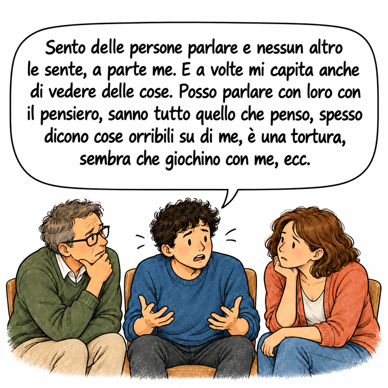 David spiega a due persone che sente voci che gli altri non sentono.