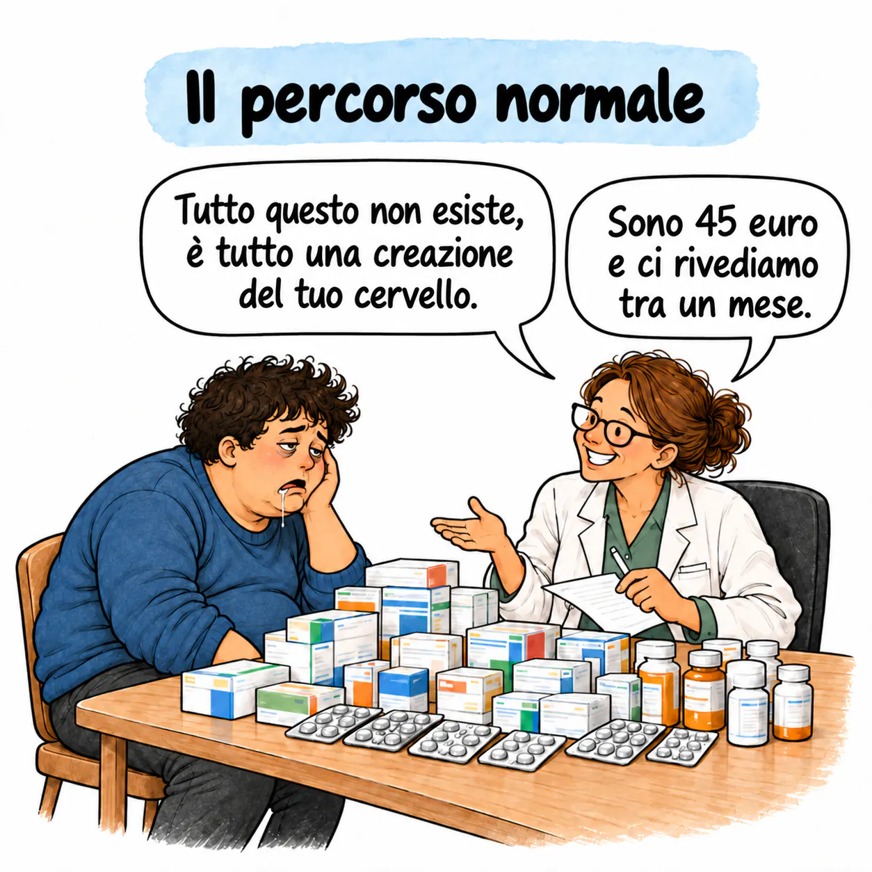 David davanti a una psichiatra, circondato da scatole e flaconi di medicinali.