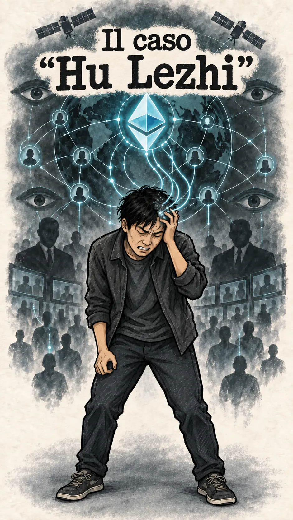 Illustrazione editoriale: Hu Lezhi sembra soffrire sotto il controllo di una rete mondiale collegata a un'interfaccia cervello-macchina e al logo Ethereum