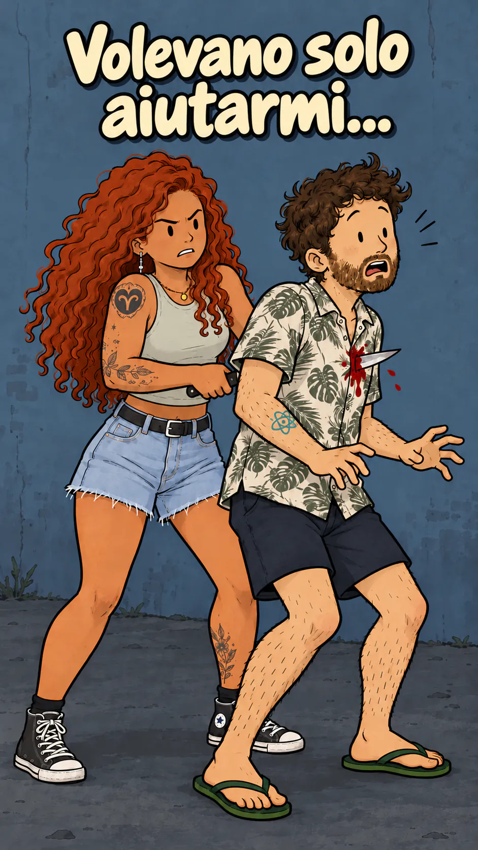 Una donna pugnala David alle spalle, sotto il titolo « Volevano solo aiutarmi... », in un disegno a fumetti semplificato.