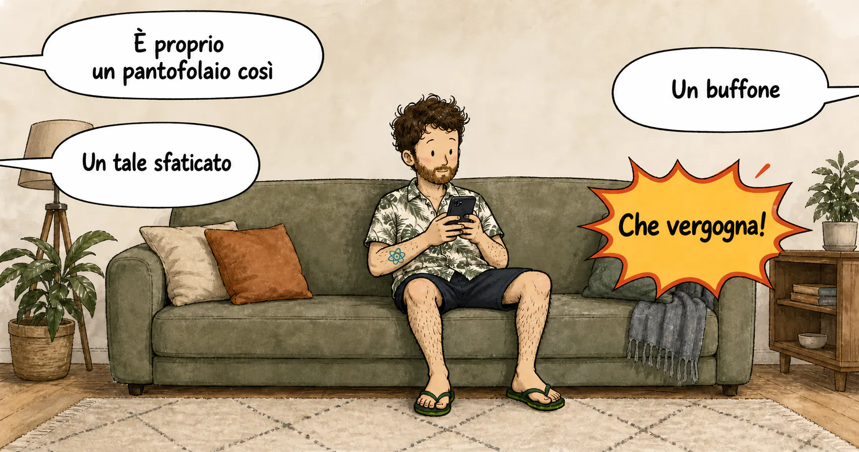 Illustrazione orizzontale disegnata a mano: David, da solo e spiaggiato su un divano, scorre il telefono mentre quattro fumetti arrivano da fuori campo. Tre fumetti dicono « È uno pantofolaio così », « Un fannullone del genere » e « Un buffone », mentre un fumetto arancione si distingue con « Che vergogna! ».