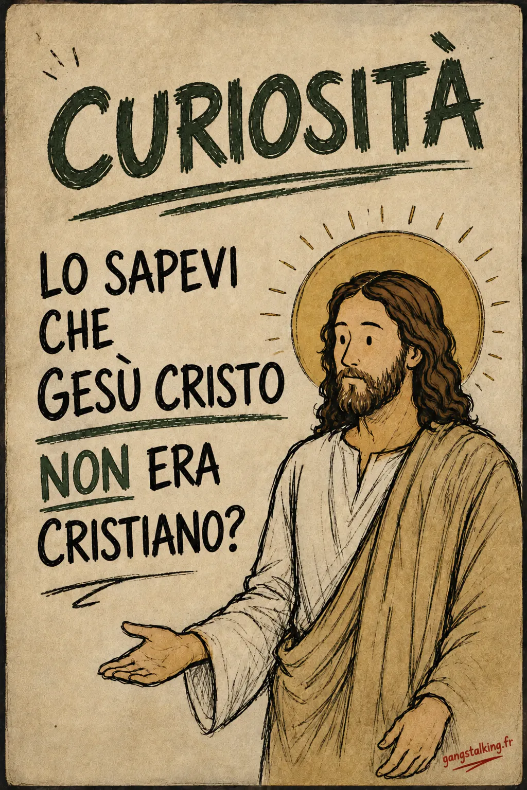 Manifesto su carta beige. In alto, in verde: «LO SAPEVI». A sinistra, in maiuscolo nero: «GESÙ CRISTO NON ERA CRISTIANO?», la parola «NO» in verde. A destra, Gesù con l'aureola, la mano aperta con il palmo verso l'alto