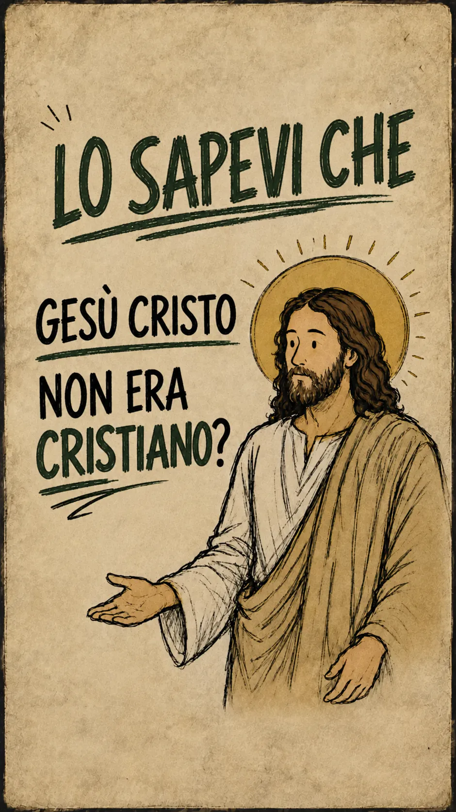 Manifesto su carta beige. In alto, in verde: « LO SAPEVI ». A sinistra, in maiuscolo nero: « GESÙ CRISTO NON ERA CRISTIANO? », con la parola « NON » in verde. A destra, Gesù con l'aureola, la mano aperta col palmo rivolto verso l'alto