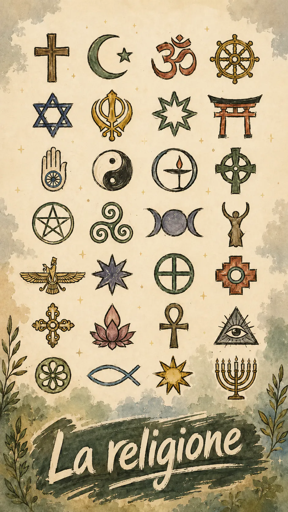 Una tavola di simboli religiosi di tutto il mondo disegnati ad acquerello, intitolata « La religione »