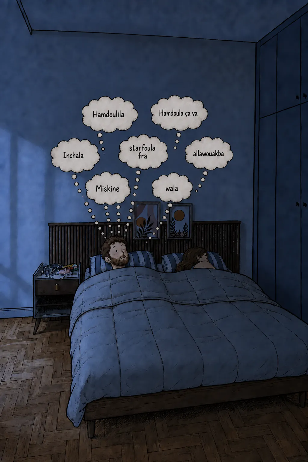 In una camera da letto, David è sdraiato sul letto e riflette, mentre una nuvoletta di pensiero mostra diverse idee