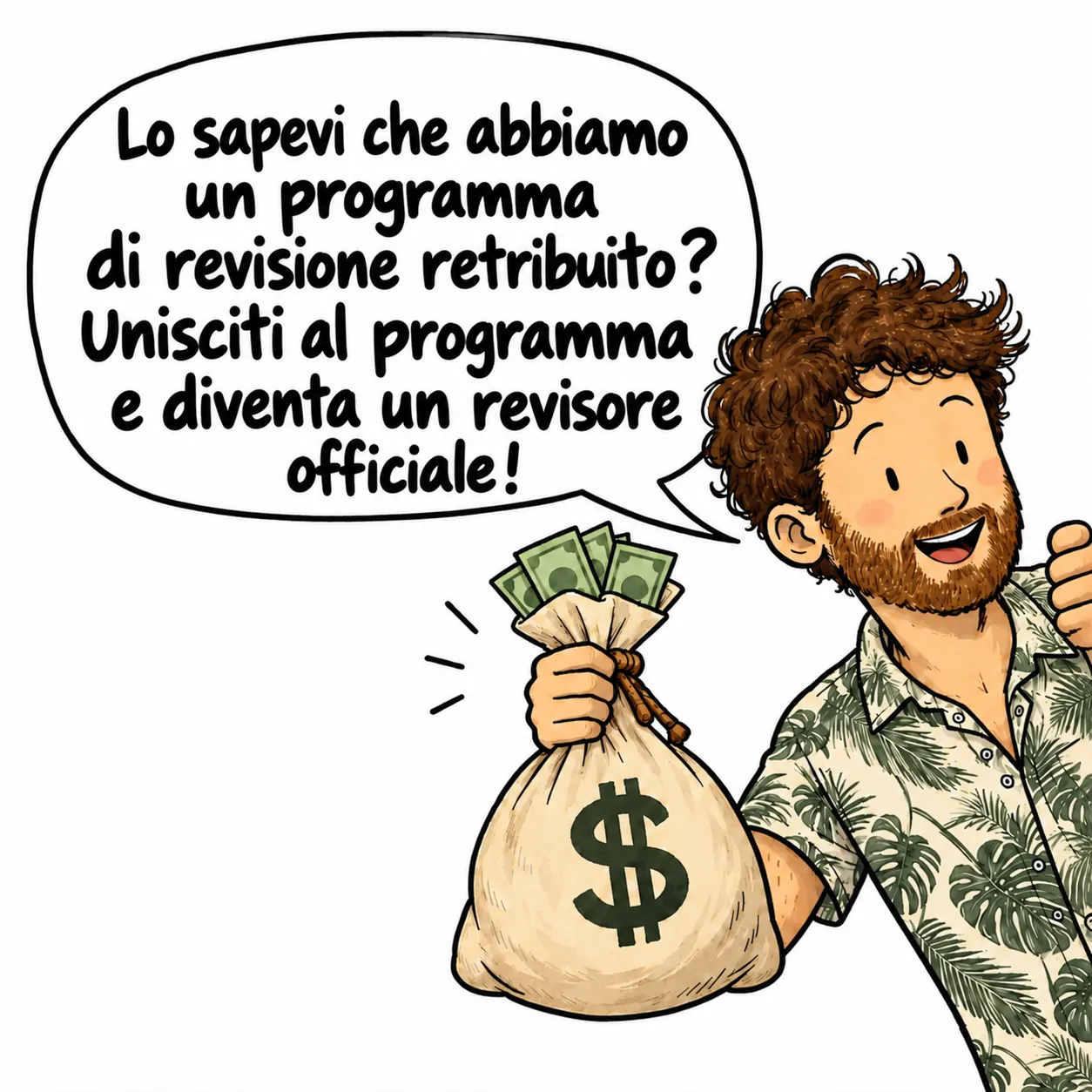 David, tutto sorridente, tiene in mano un sacco di soldi: “Lo sapevi che abbiamo un programma di revisione retribuito? Unisciti al programma e diventa un revisore ufficiale!”