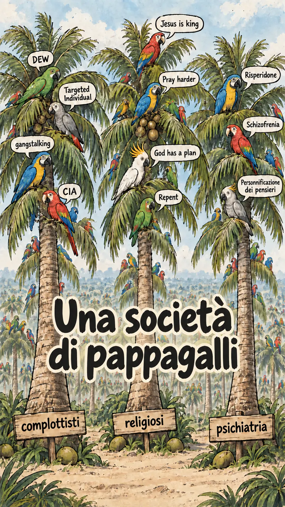 Tre palme da cocco ospitano dei pappagalli che ripetono frasi complottiste, religiose e psichiatriche, mentre dietro di loro si estende una foresta infinita di palme da cocco.