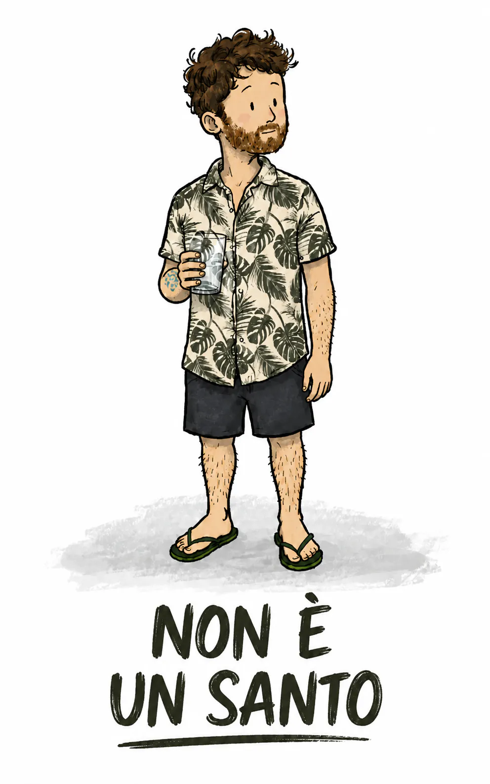 Il personaggio in piedi, con un bicchiere d'acqua in mano, con aria un po' mortificata, sotto il titolo dipinto a pennello e sottolineato « NON È UN SANTO »