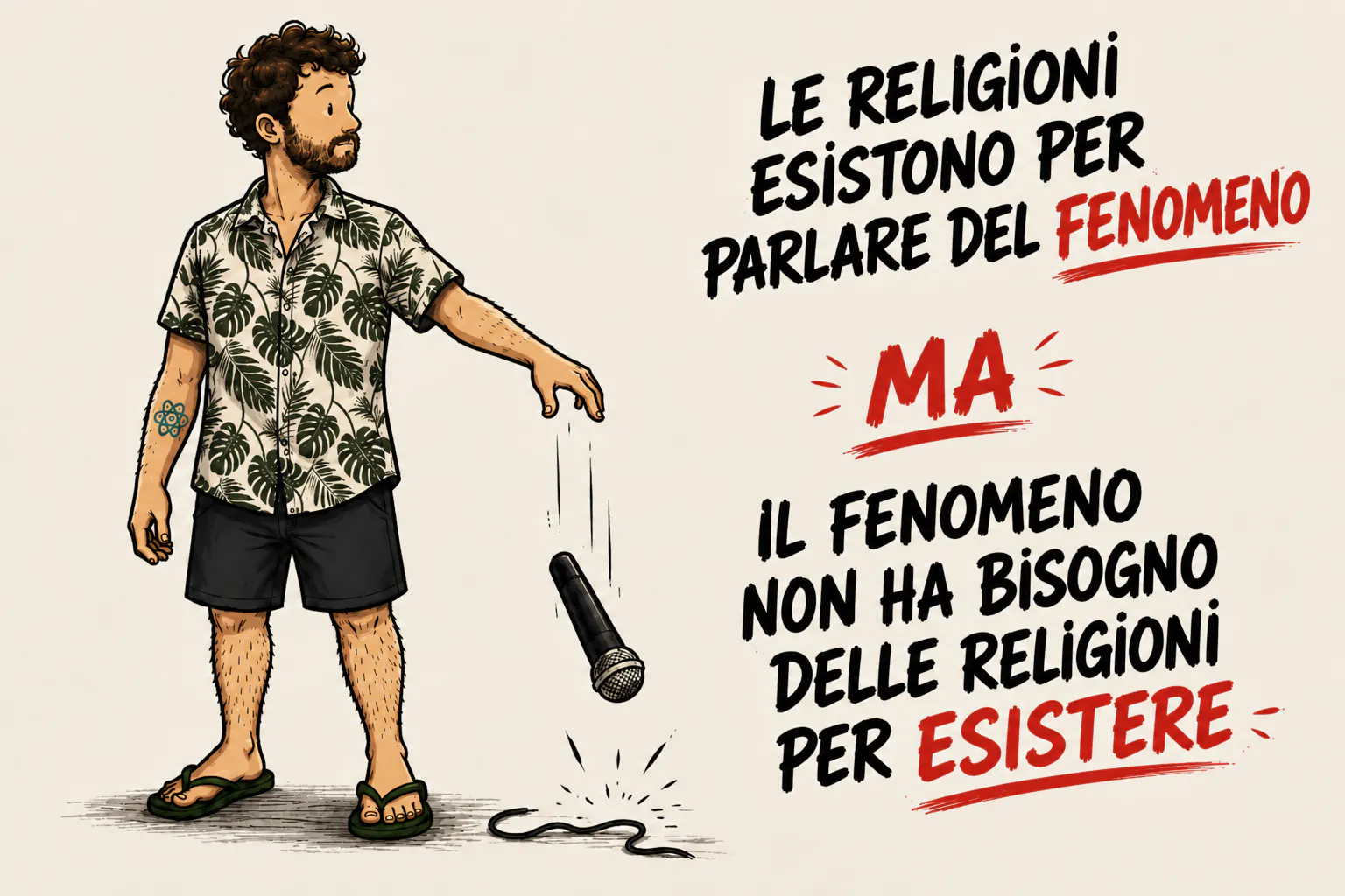 Il personaggio fa cadere un microfono. A destra, in maiuscolo: «LE RELIGIONI ESISTONO PER PARLARE DEL FENOMENO», poi «MA» in rosso sottolineato, poi «IL FENOMENO NON HA BISOGNO DELLE RELIGIONI PER ESISTERE»