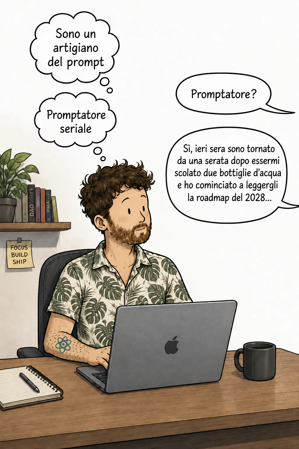 Alla sua scrivania davanti a un portatile, il personaggio pensa « Sono un artigiano del prompt », poi « Promptatore seriale », mentre una voce fuori campo chiede « Promptatore? » e lui risponde di aver letto la roadmap del 2028 al computer tornando da una serata