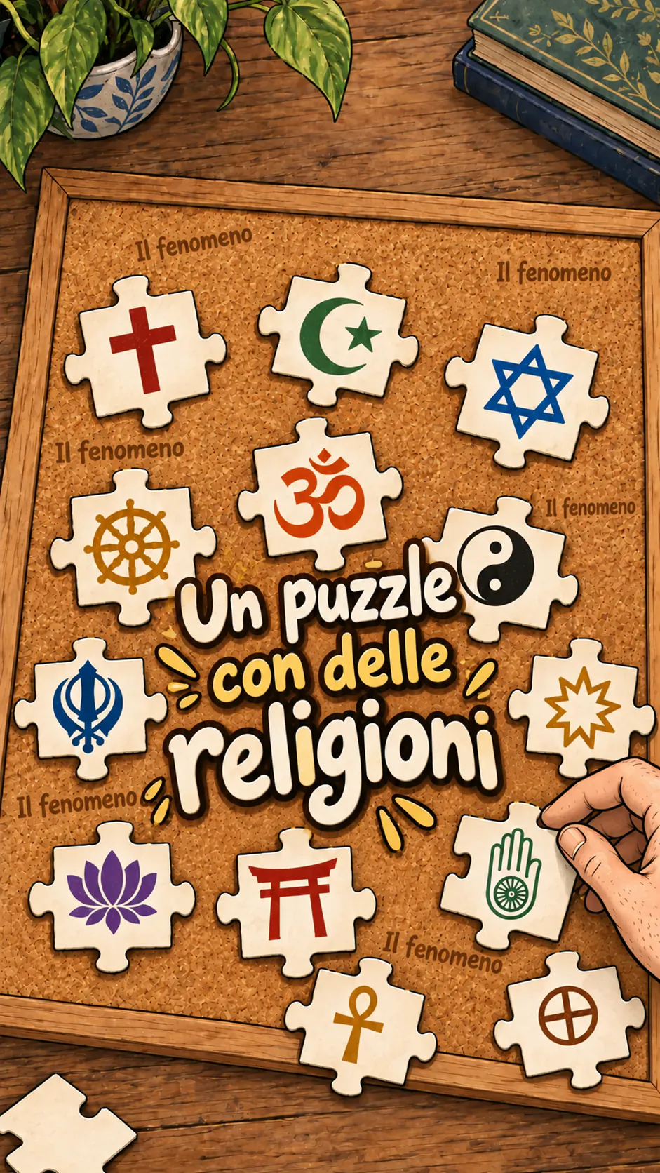 Un puzzle appoggiato su una bacheca di sughero con simboli religiosi