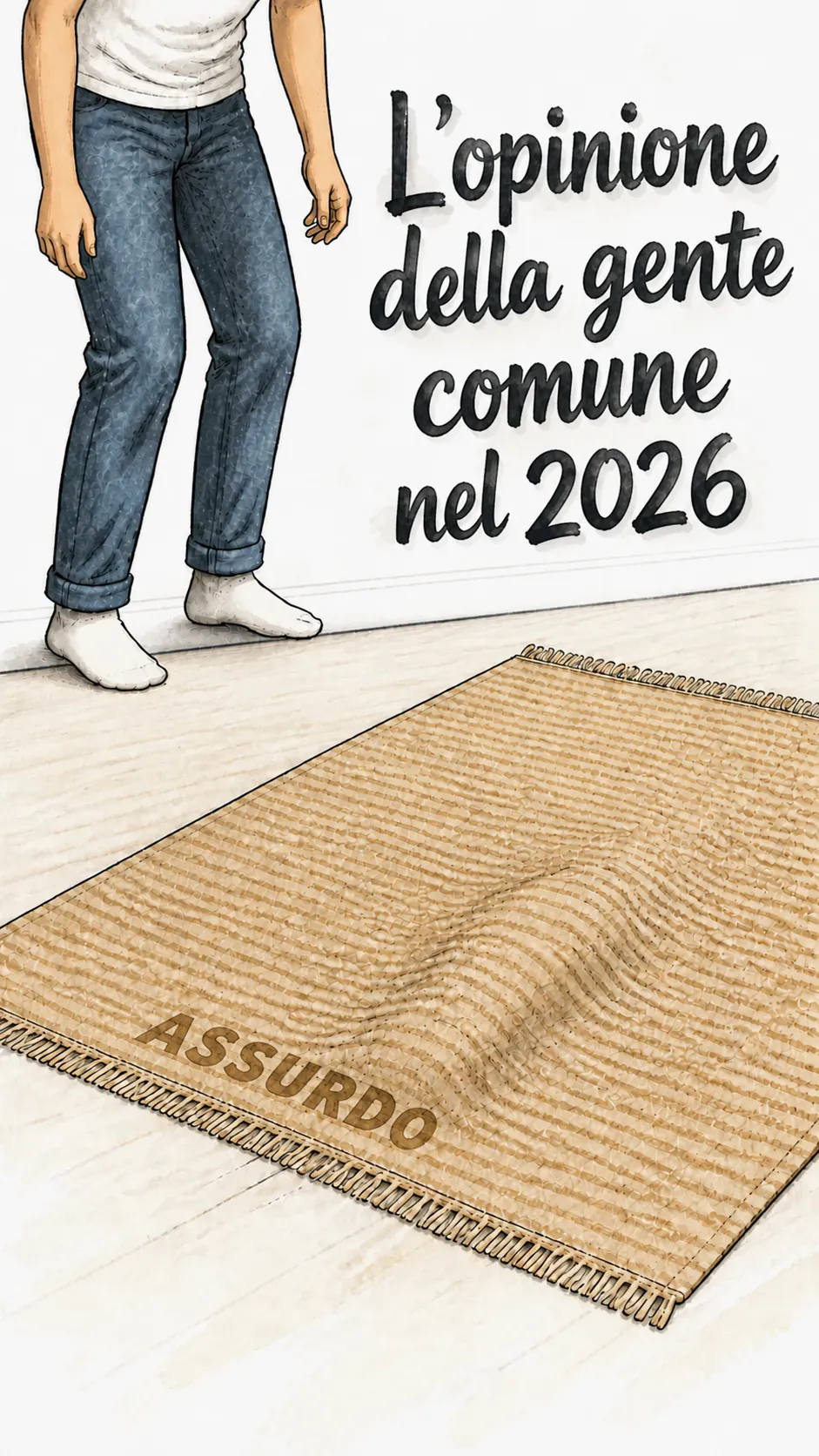 Un uomo solleva un tappeto sotto cui è nascosto un omino, il titolo scritto a mano annuncia « L'opinione del signor qualunque nel 2026 »