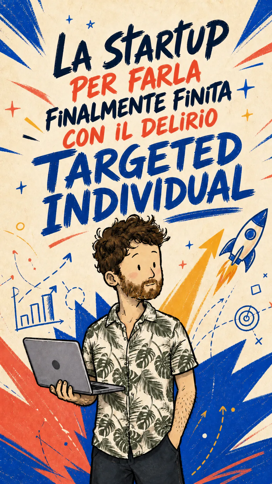 David tiene un portatile davanti a un poster colorato che presenta la startup Targeted Individual.