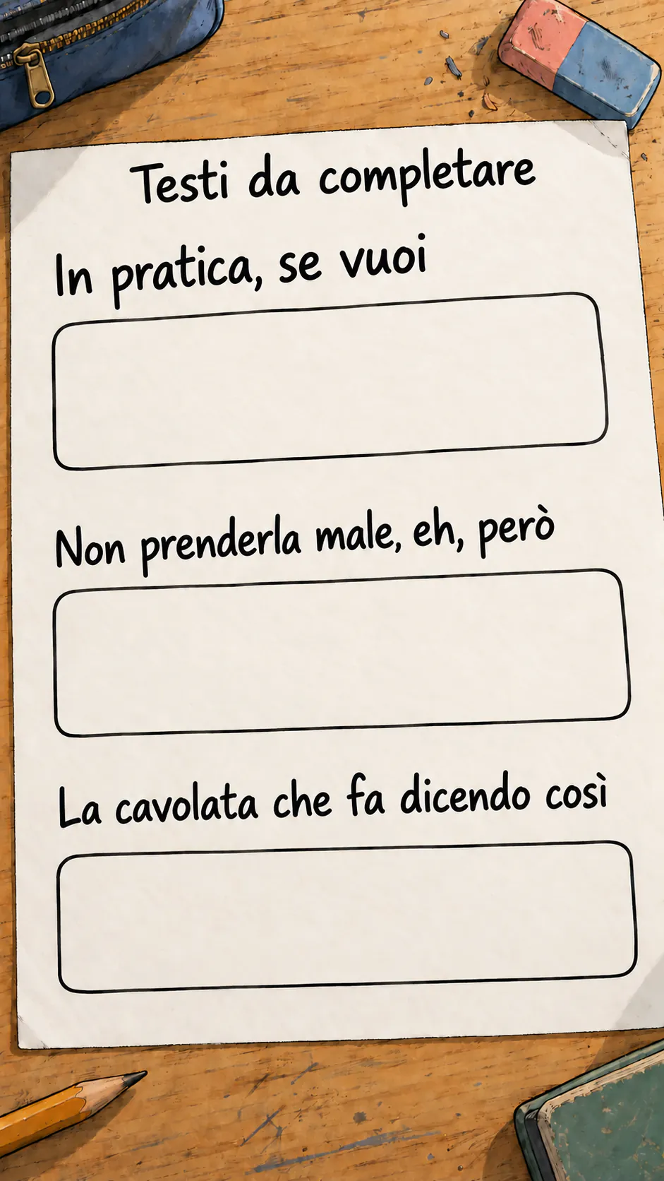 Un foglio di esercizi appoggiato su un banco di scuola, con il titolo «Testi da completare», tre frasi in grande e tre riquadri vuoti per scrivere il seguito