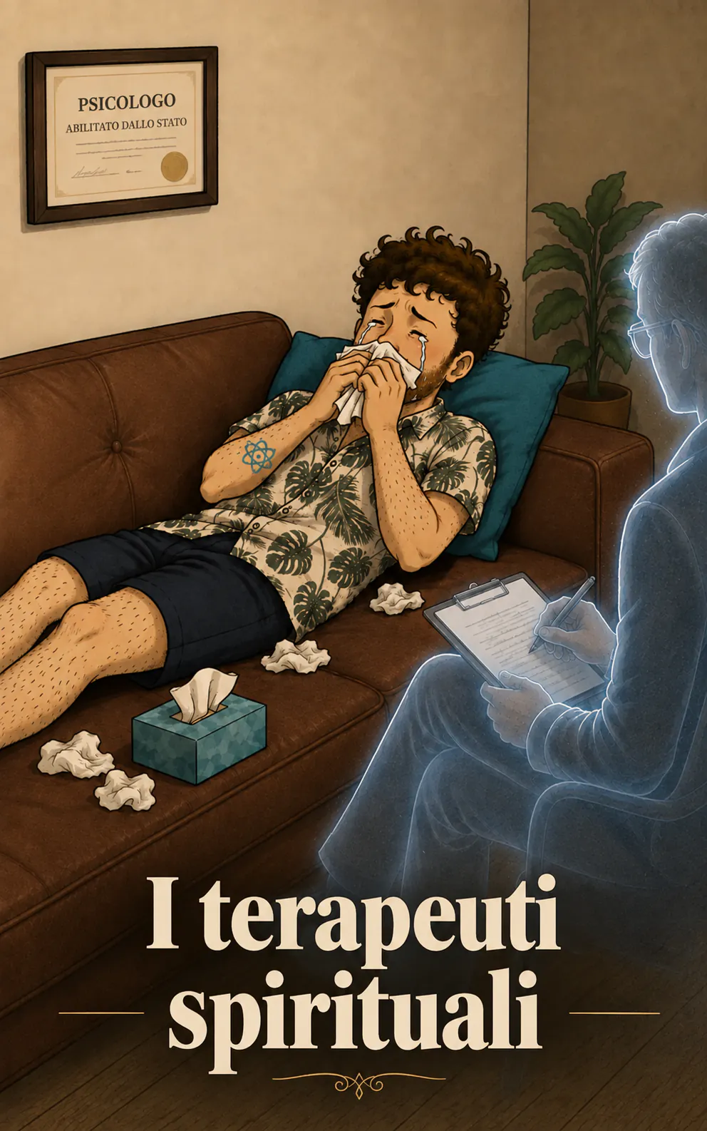 Sdraiato sul divano di uno studio, il personaggio piange in un fazzoletto, con palline di carta intorno, mentre un terapeuta traslucido prende appunti; al muro, un diploma «PSICOLOGO». In basso, il titolo «I terapeuti spirituali»