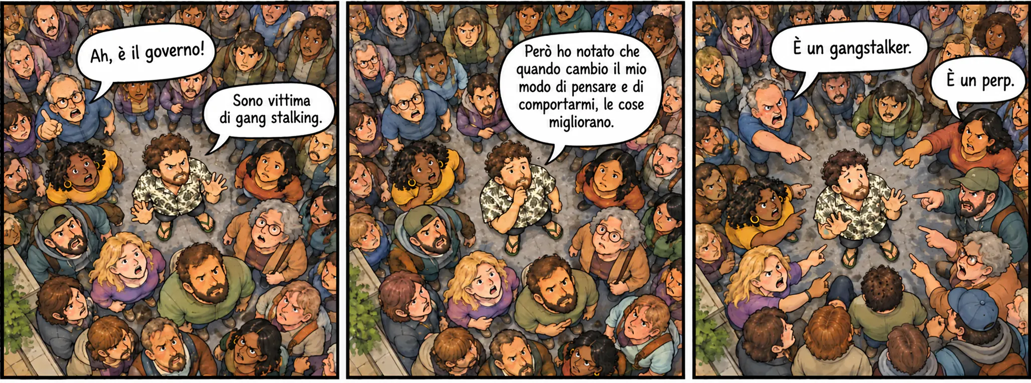 Fumetto in tre vignette che mostra un uomo in mezzo alla folla: prima dice di essere vittima di gang stalking, poi spiega che va meglio quando cambia il suo modo di pensare e di comportarsi. Nell'ultima vignetta, due persone lo indicano come un gangstalker e un perp.