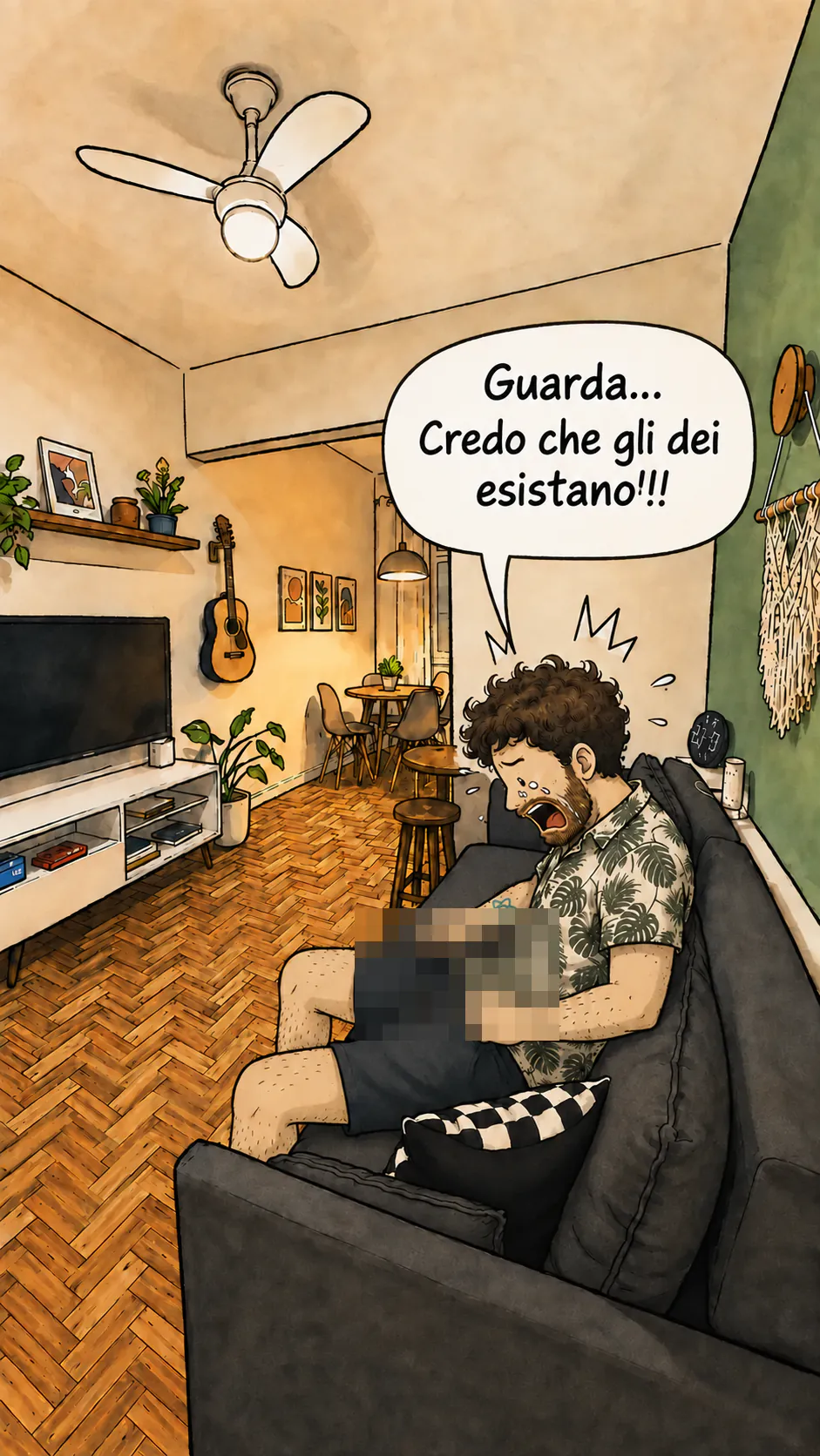 David seduto su un divano, mostra a sua moglie una nuvoletta che dice « Guarda... credo che gli dèi esistano !! »
