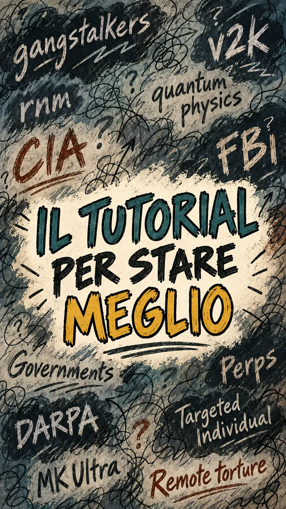 Un'illustrazione di pensieri confusi e teorie intrecciate, sotto il grande titolo « Il tutorial per stare meglio »