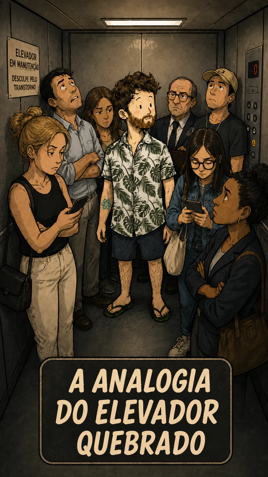 Nove pessoas apertadas num elevador quebrado, o personagem no meio; no alto à esquerda, uma placa « ELEVADOR EM MANUTENÇÃO: DESCULPE PELO TRANSTORNO »