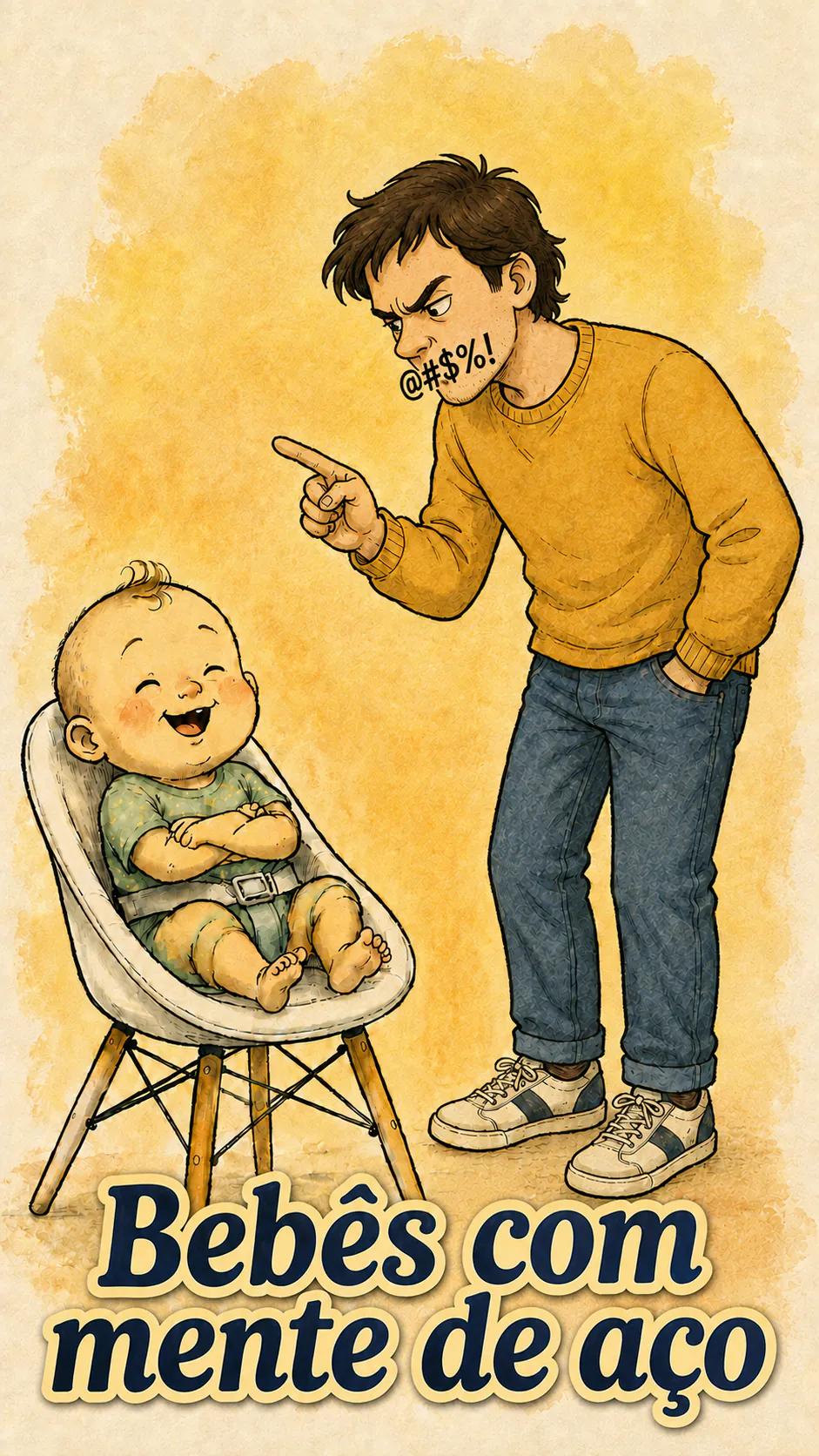 Um bebê ri, completamente imperturbável, enquanto um homem irritado fala com ele apontando o dedo; o título « Bebês com mente de aço » aparece embaixo.
