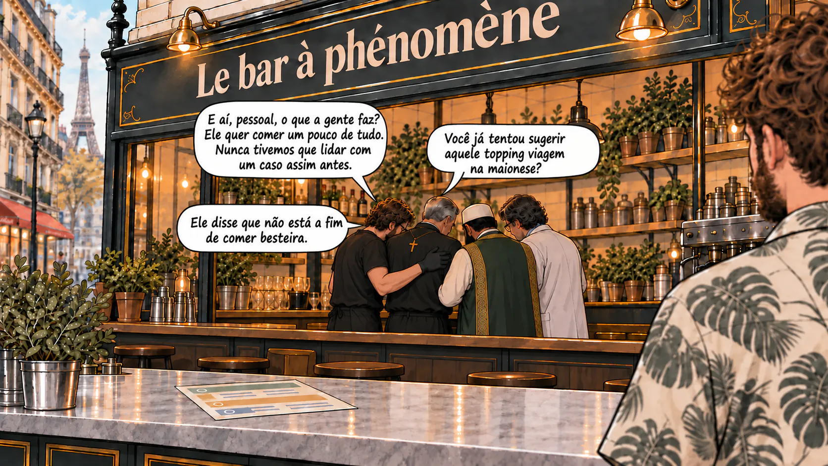 Os funcionários do bar do fenômeno conversam discretamente no fundo do local