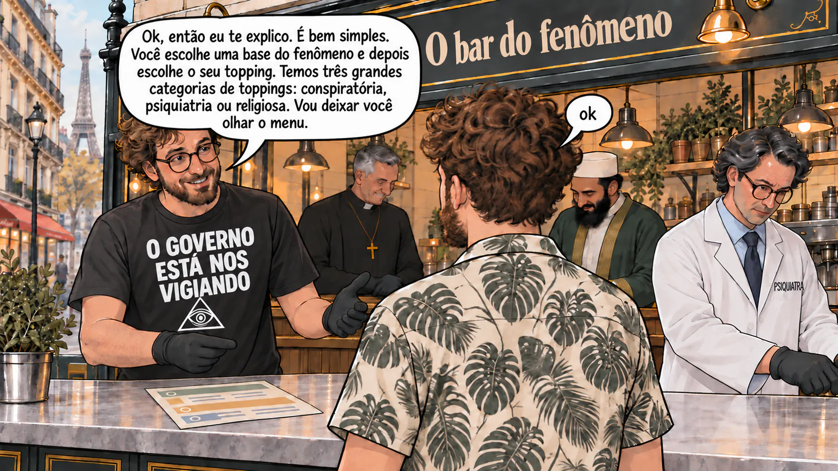 Uma cena de diálogo no bar do fenômeno