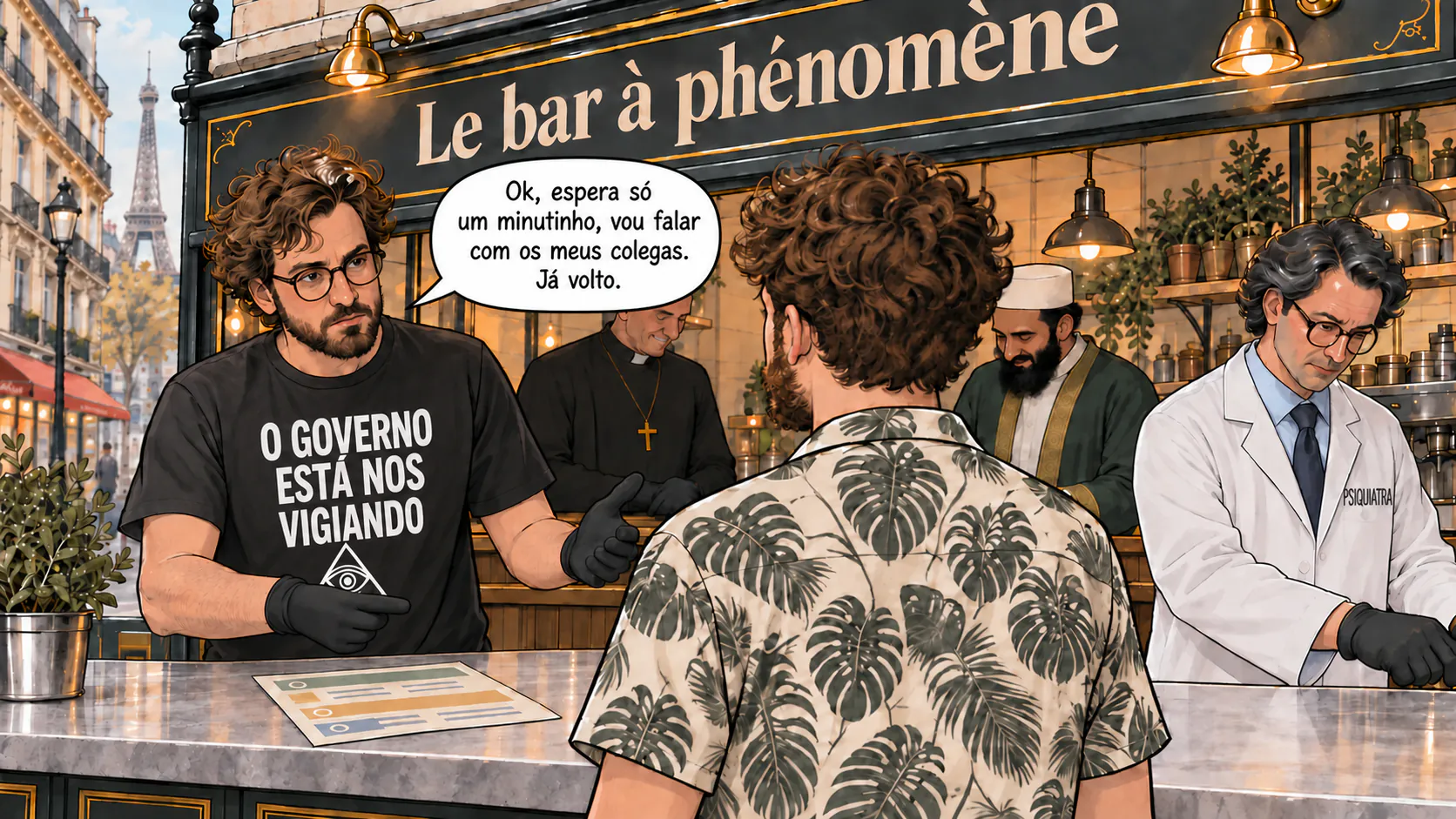 Uma cena de diálogo no bar do fenômeno