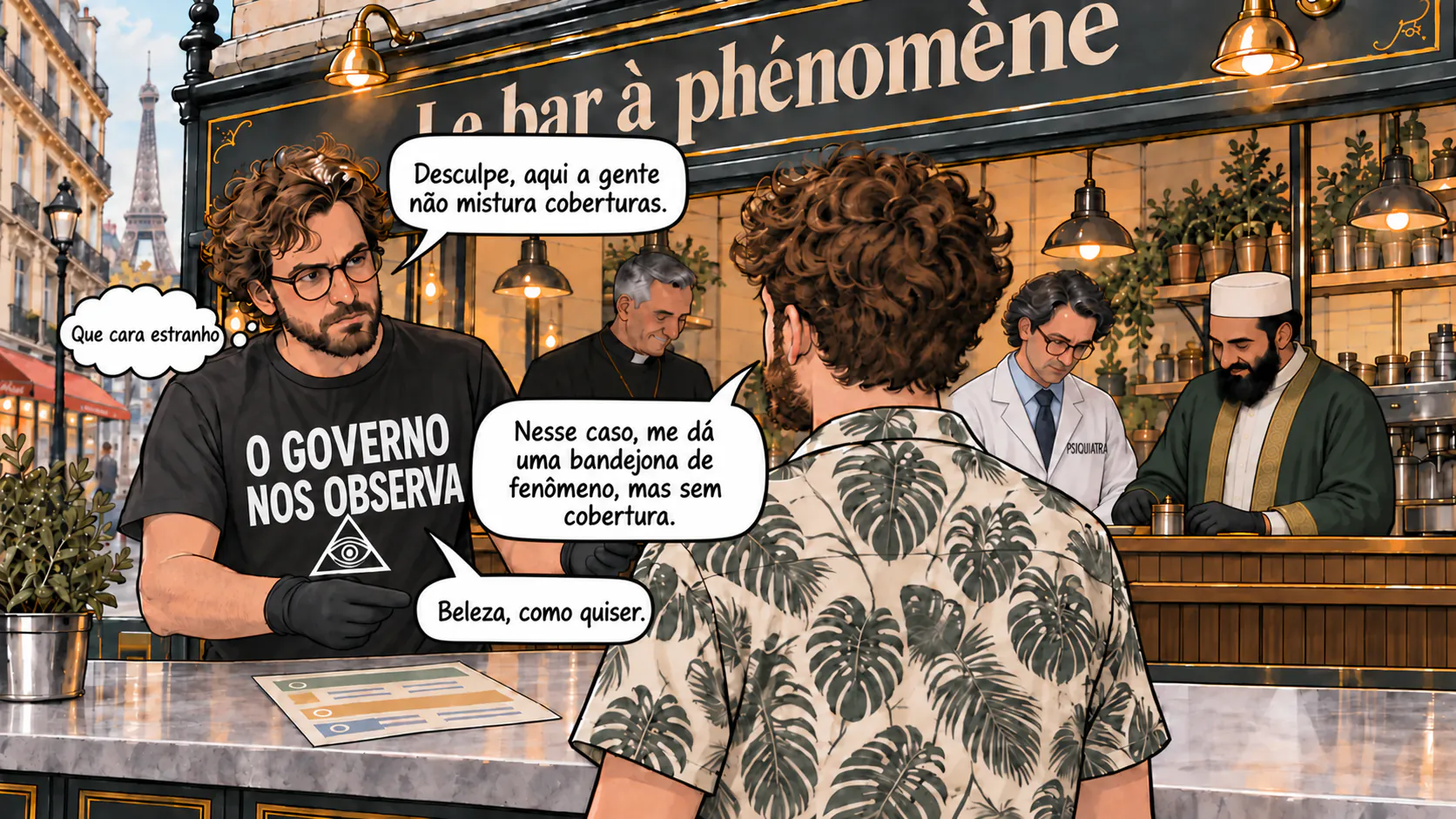 Uma nova cena de diálogo no bar do fenômeno, com três balões de fala e um balão de pensamento