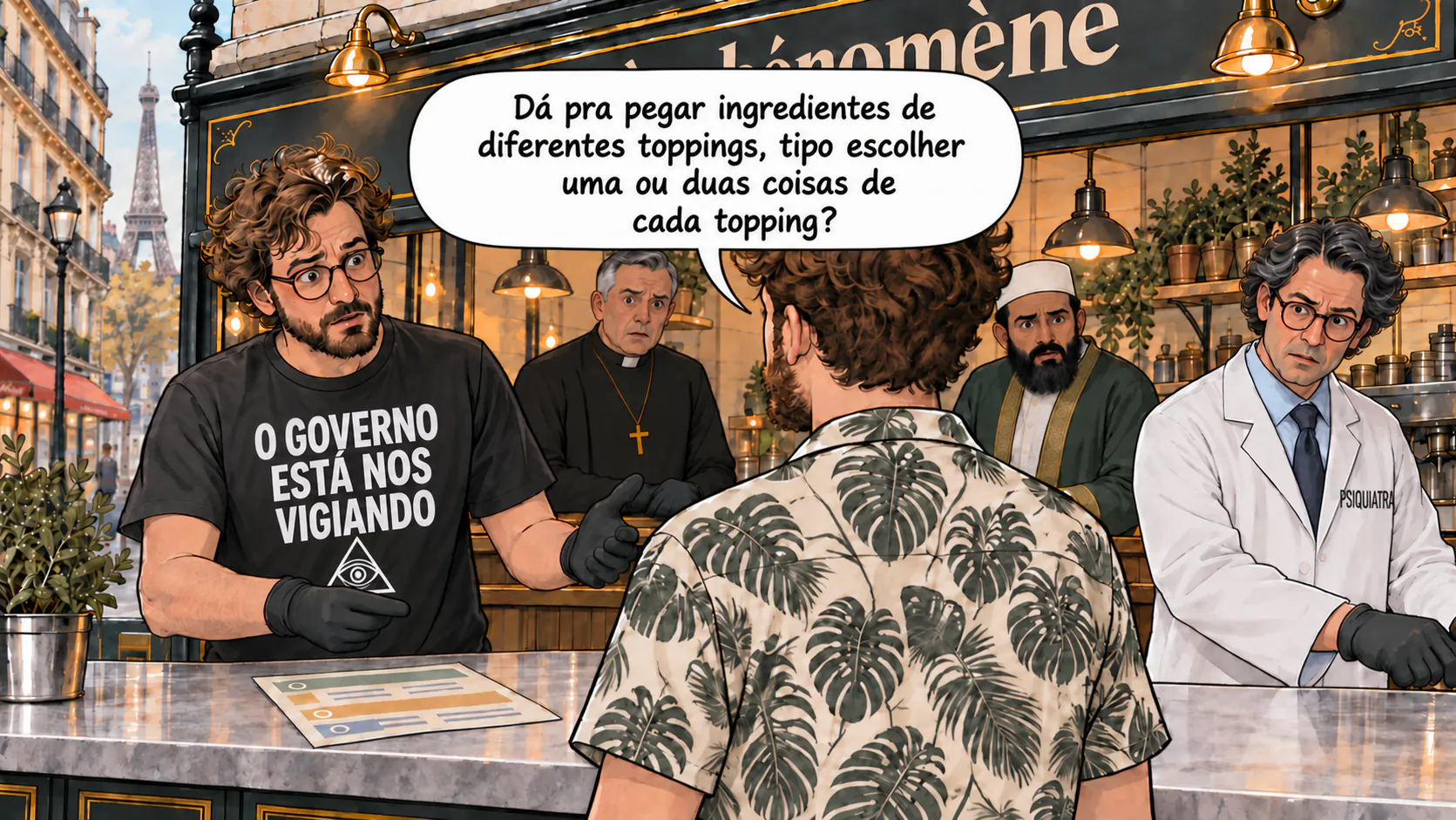 Os funcionários do bar do fenômeno reagem à pergunta do personagem principal