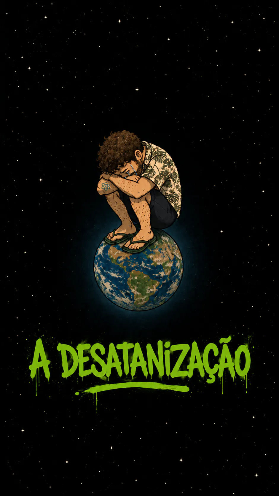 Encolhido e em lágrimas, David está sentado no topo da Terra, no espaço estrelado, acima do título verde « A desatanização ».