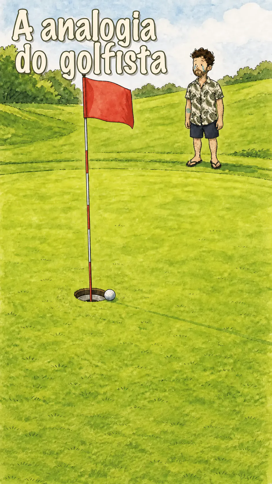Num green, uma bandeira vermelha fincada no buraco e uma bola branca parada na borda. O personagem está de pé à direita, com uma lágrima no rosto. No alto à esquerda, o título « A analogia do golfista »