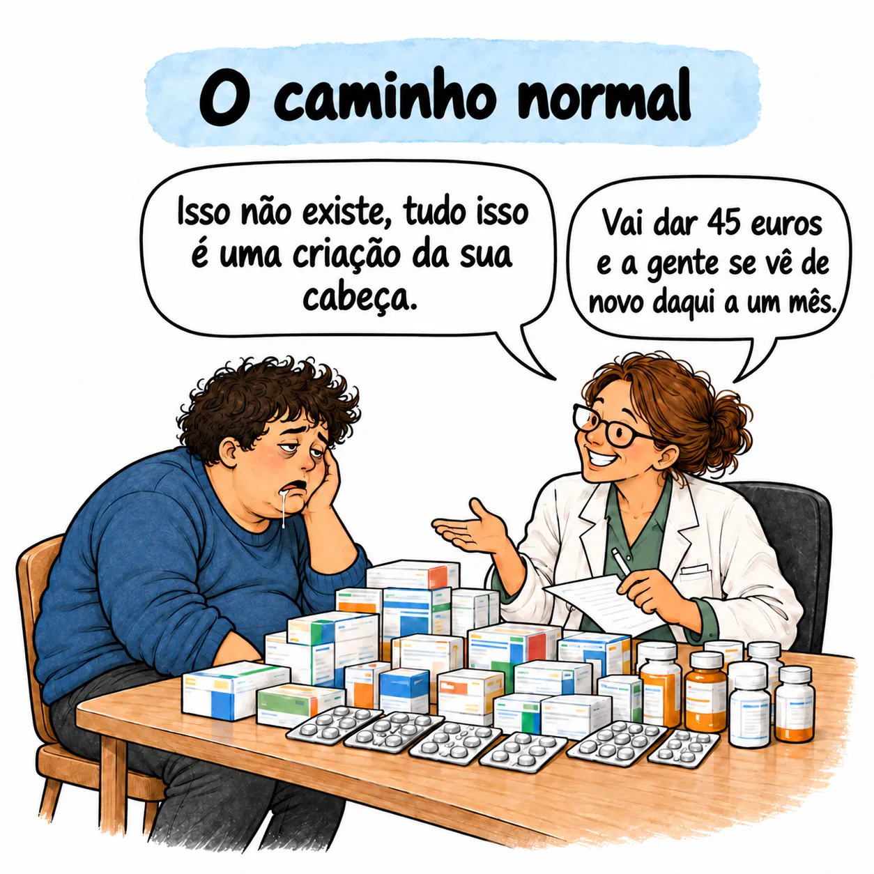 David está com uma psiquiatra, cercado por caixas e frascos de medicamentos.