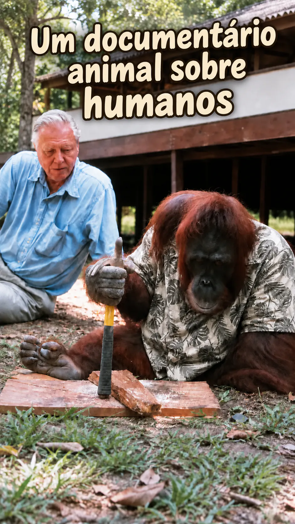 Um homem mais velho e um orangotango de camisa estampada trabalham juntos numa tábua com um martelo, sob o título « Um documentário animal sobre humanos ».