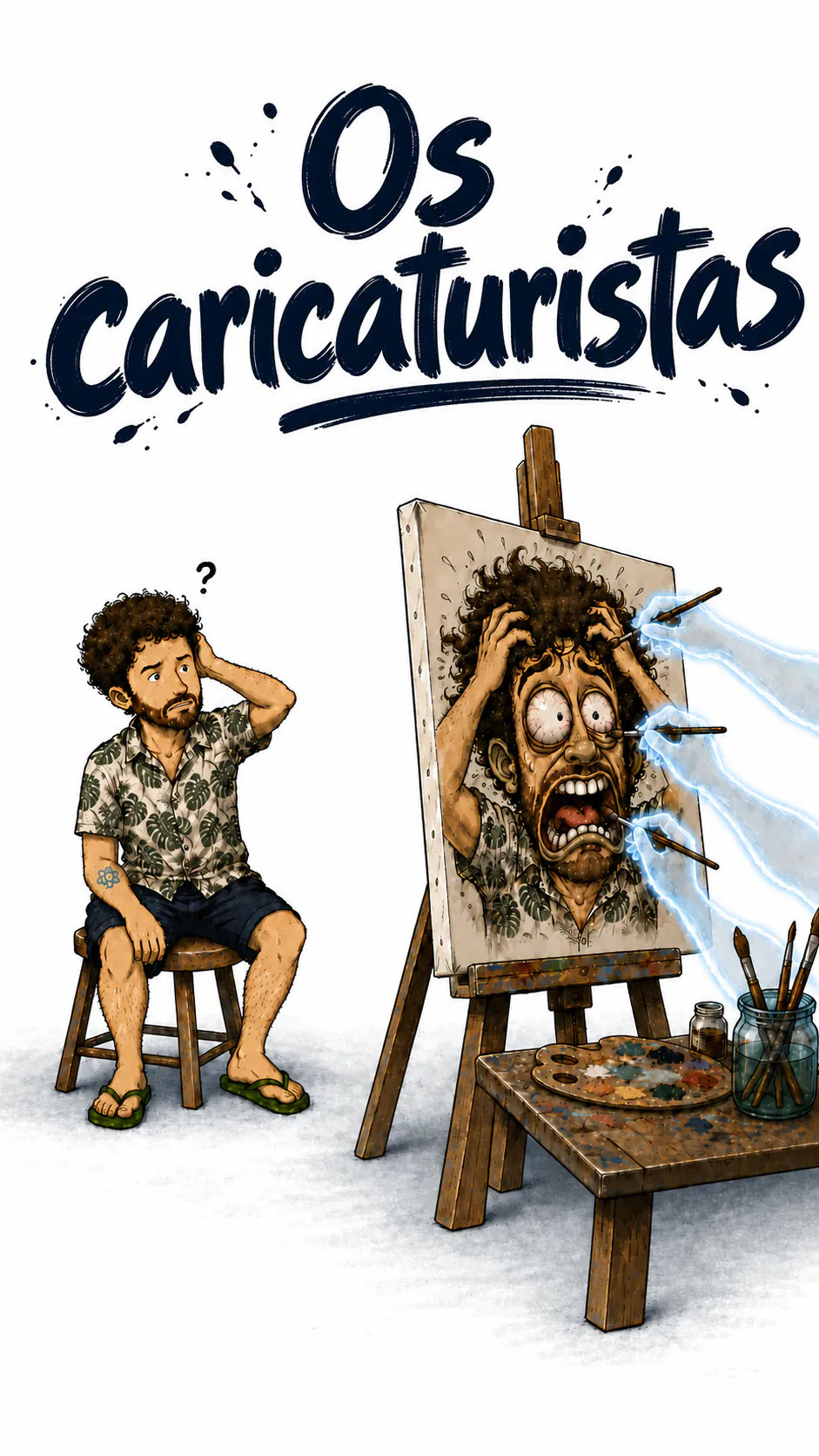 Sentado num banquinho, um ponto de interrogação acima da cabeça, o personagem olha um quadro no cavalete: a caricatura dele mesmo, gritando e com os olhos esbugalhados, que mãos azuis e translúcidas continuam pintando