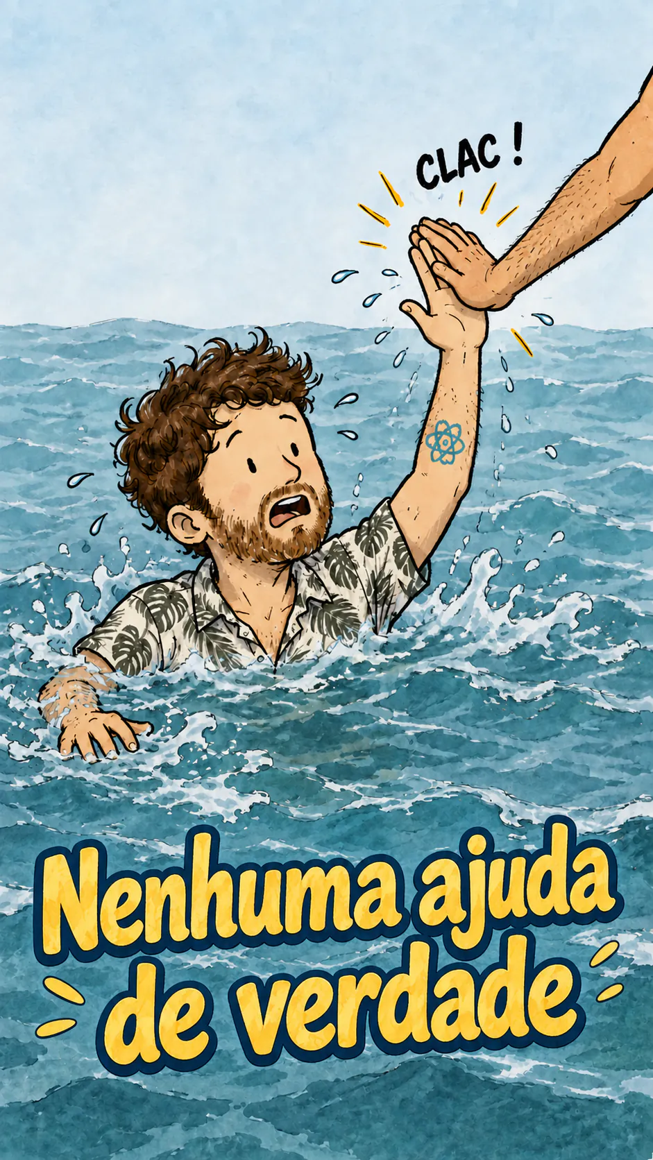 David está se afogando e levanta a mão pedindo ajuda, mas uma mão fora do quadro bate na mão dele em vez de socorrê-lo.